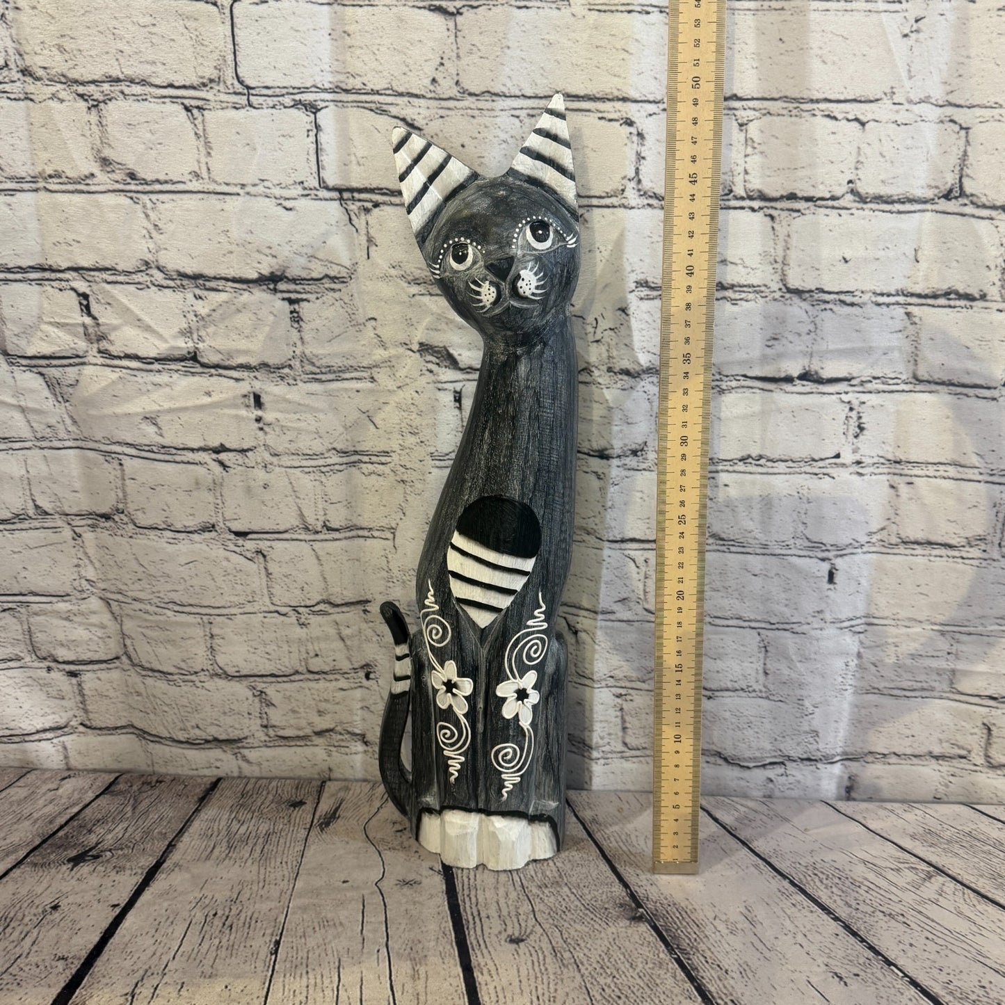 50cm Grey Flower Wooden Shabby Cat Statue Ornament Fair Trade Handcarved5