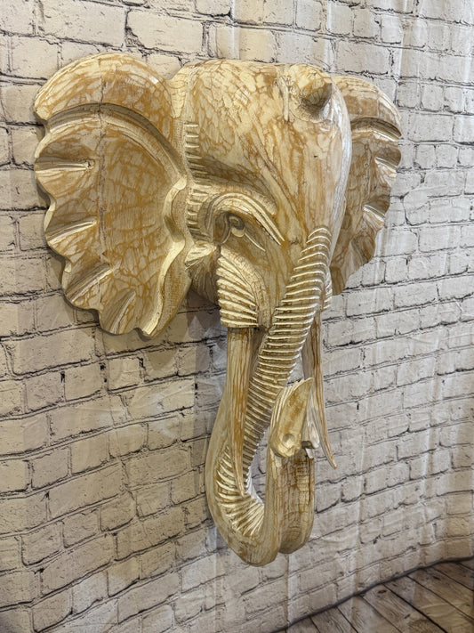 80cm x 65cm White Carved Wood Elephant Head Wall Mounted Art Large Shabby0