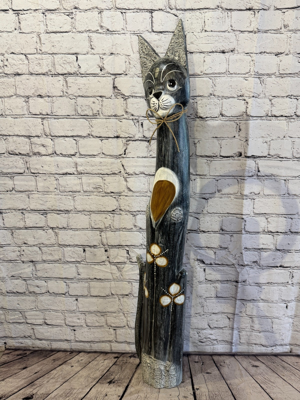 100cm Grey Silver Dots Wooden Shabby Cat Statue Ornament Fair Trade Handcarved1