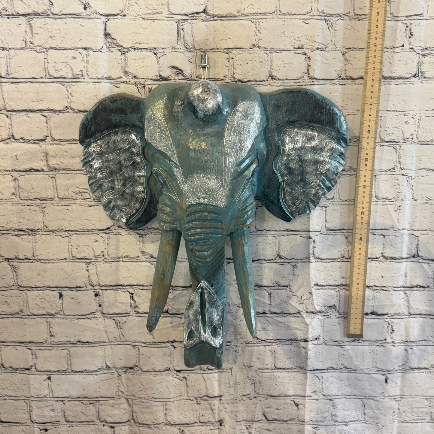 50cm x 45cm Silver Blue Painted Wood Elephant Head Wall Mounted Art Shabby4