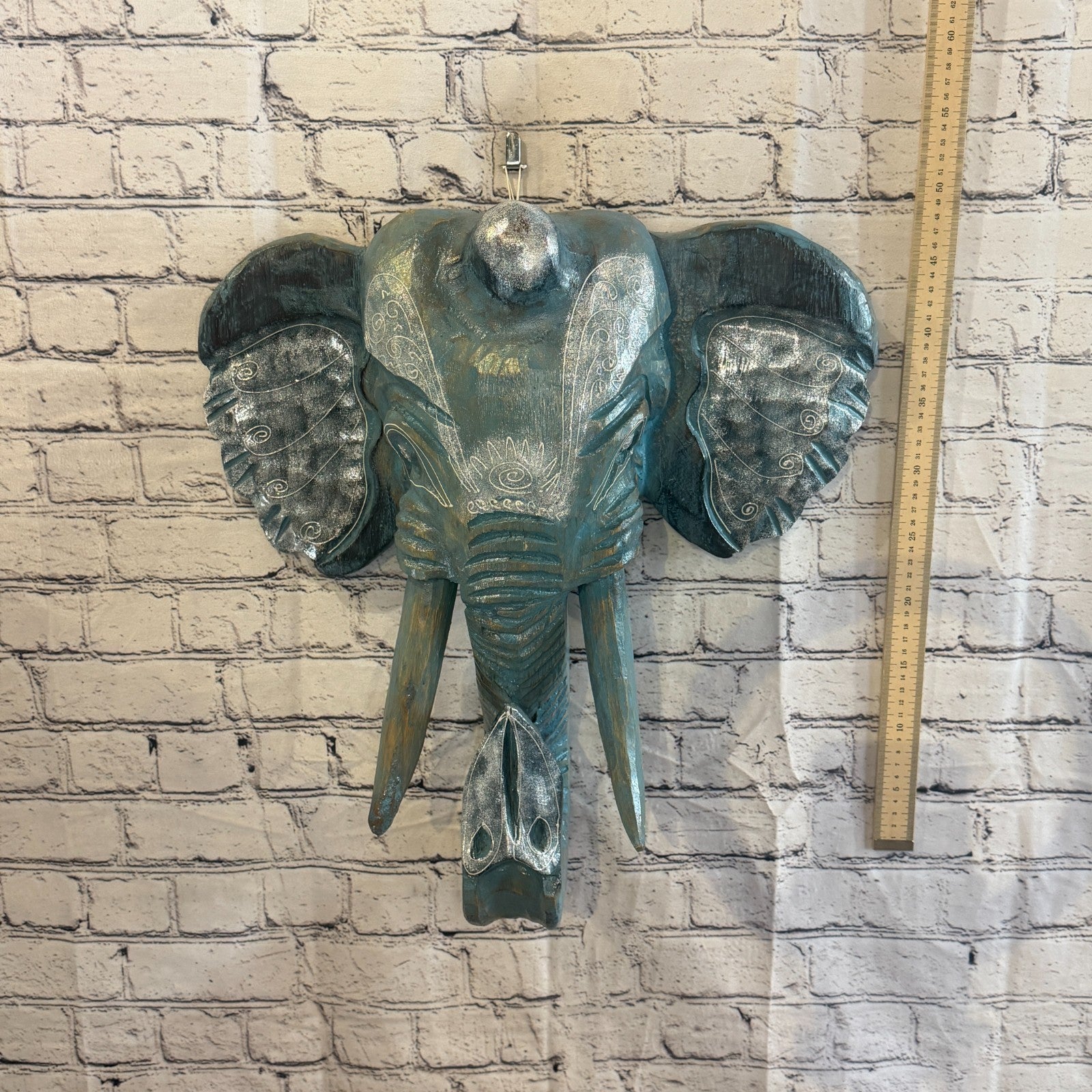 50cm x 45cm Silver Blue Painted Wood Elephant Head Wall Mounted Art Shabby4