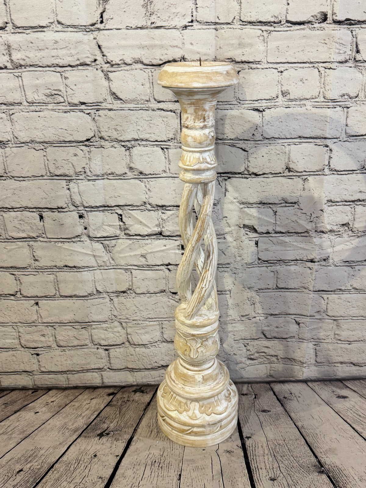 60cm x 15cm White Twist Wooden Vintage Style Candle Stand Shabby Pillar Holders1