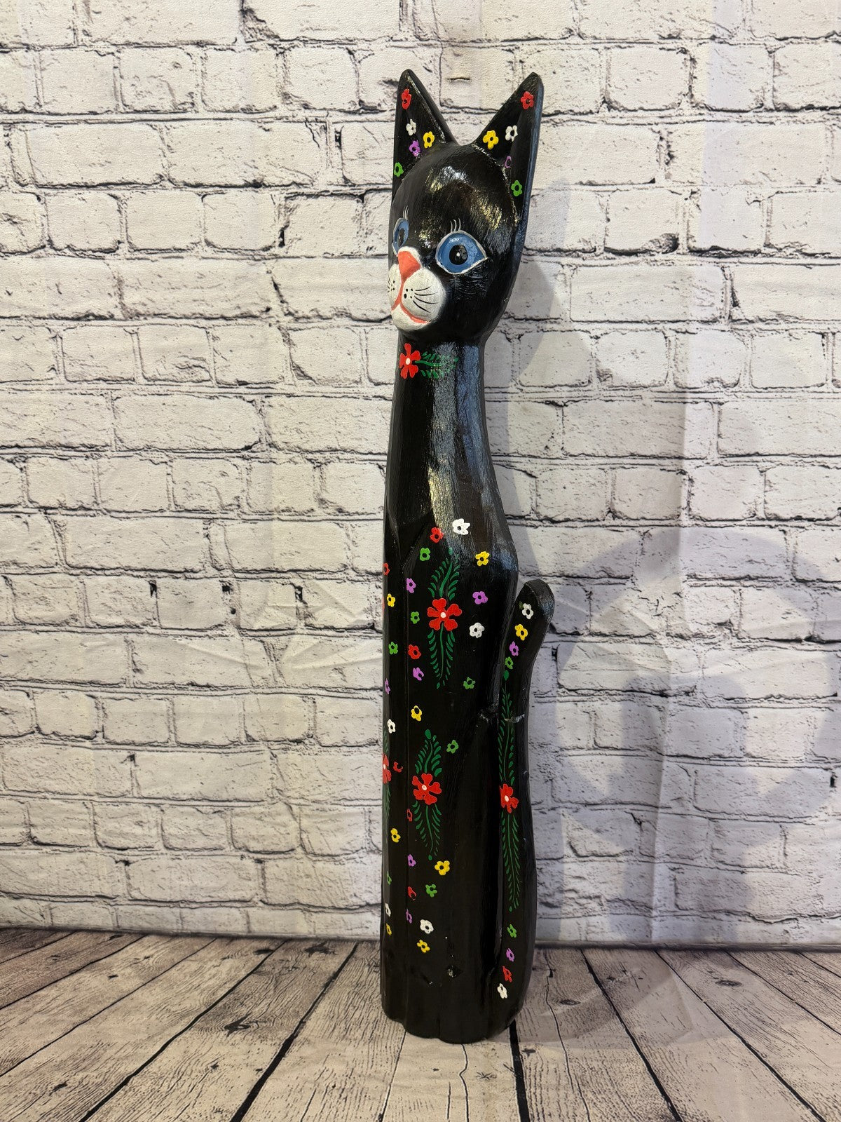 80cm Black Mix Flower Wooden Shabby Cat Statue Ornament Fair Trade Handcarved1