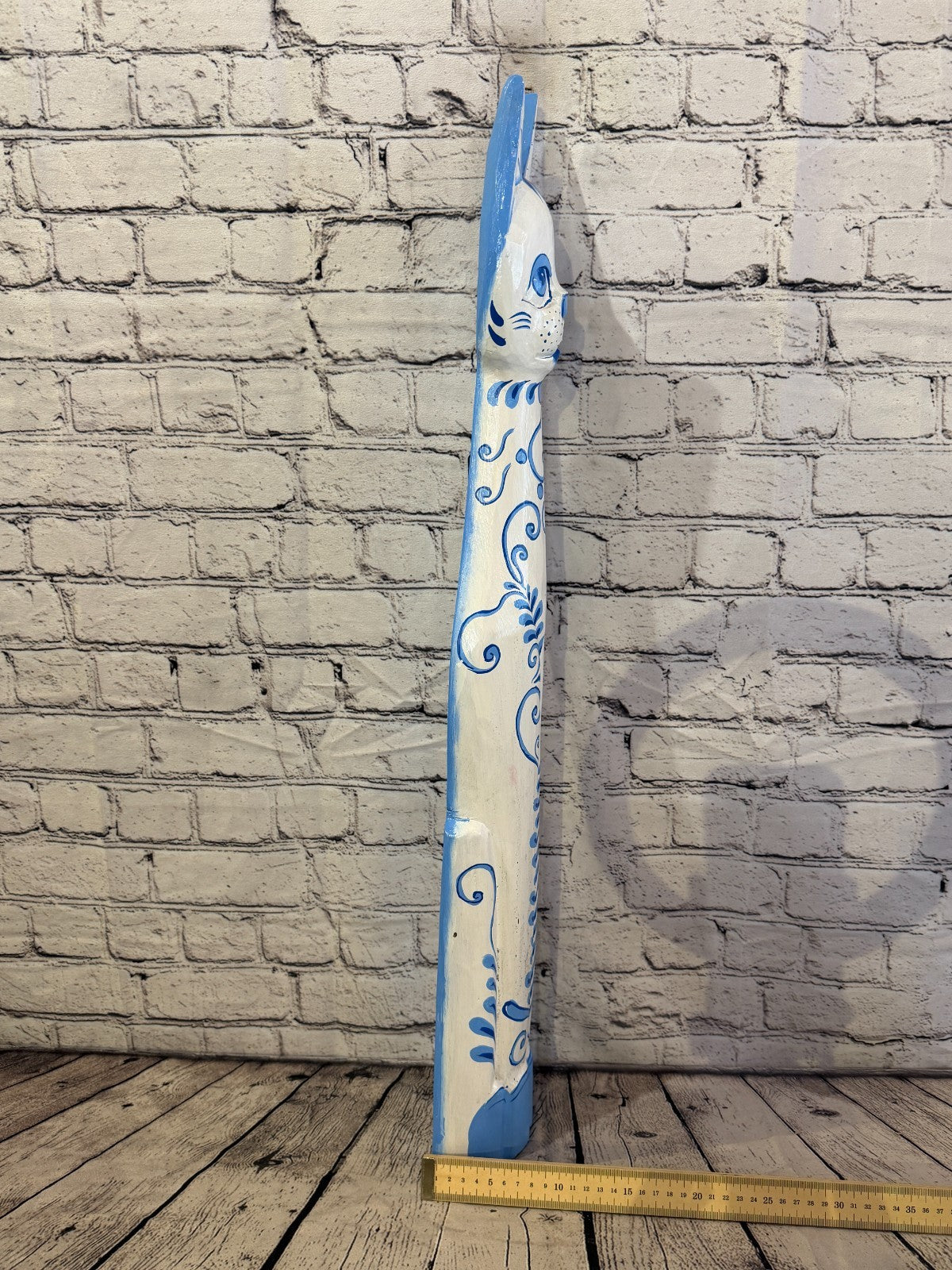 80cm Blue White Flower Wooden Shabby Cat Statue Ornament Fair Trade Handcarved7