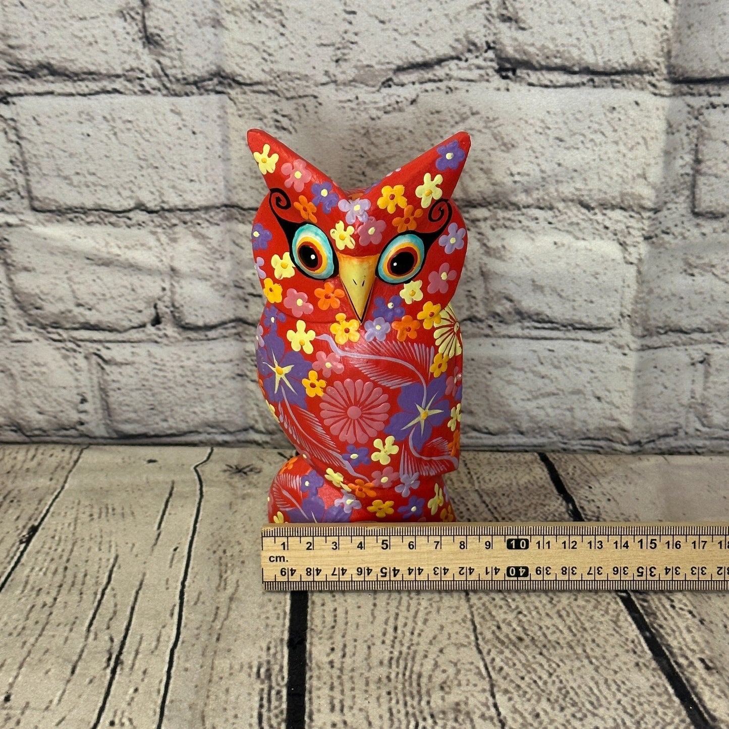 Red Medium Wooden Owl With Flower Pattern 15cm x 8cm Handmade and Fairtrade6