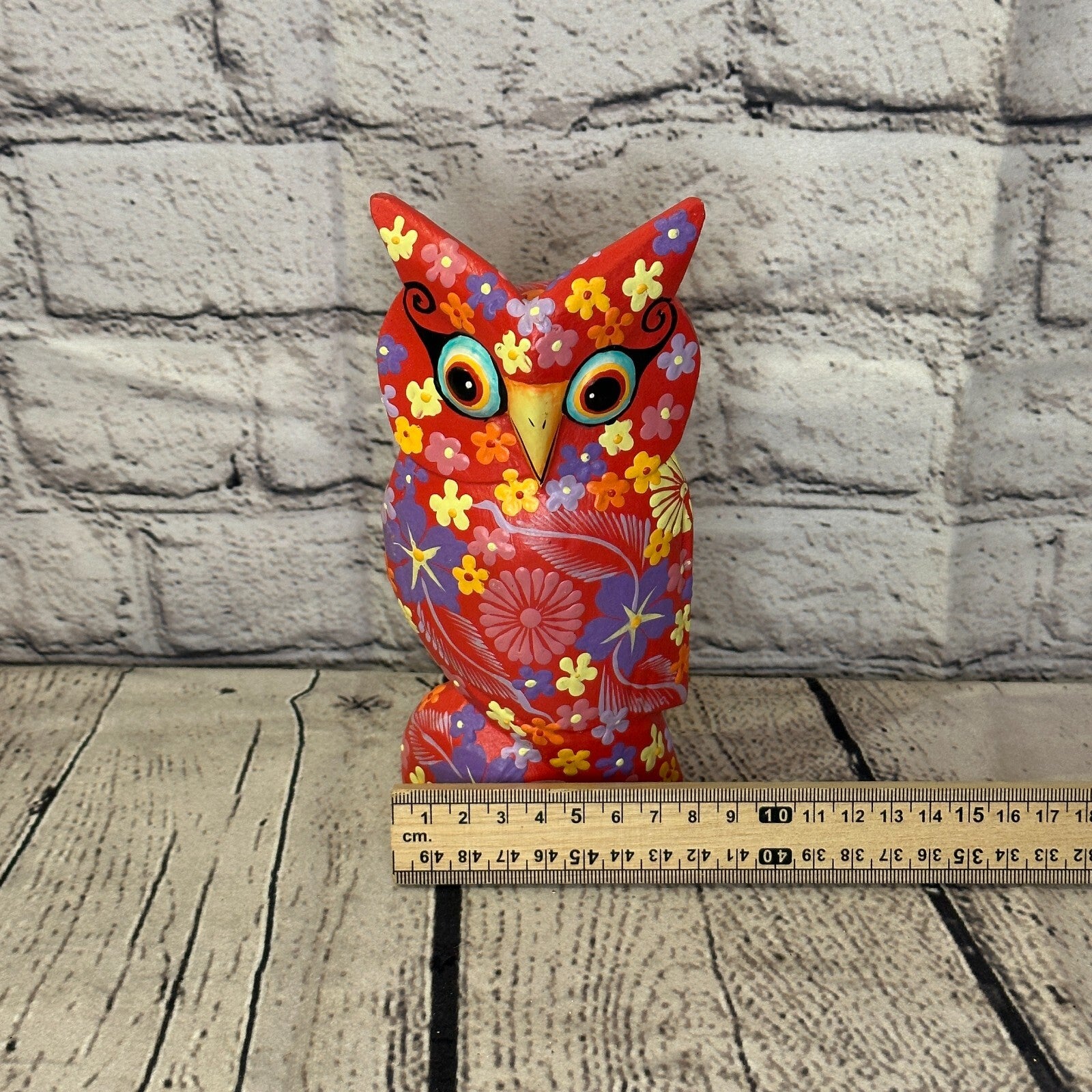 Red Medium Wooden Owl With Flower Pattern 15cm x 8cm Handmade and Fairtrade6