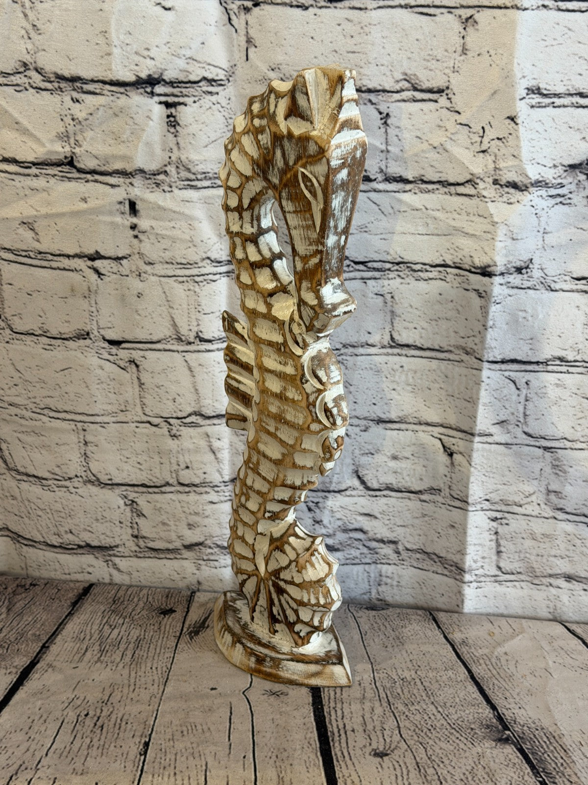 40cm Brown Wooden Shabby Seahorse Statue Ornament Fair Trade Handcarved2