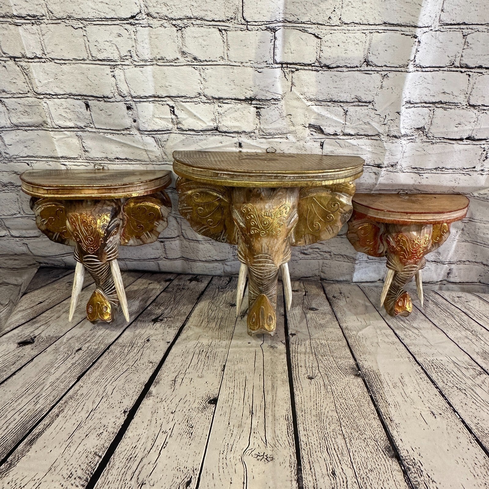 20cm x 20cm Brown Gold Shelf Wood Elephant Head Wall Mounted Art Large Shabby7