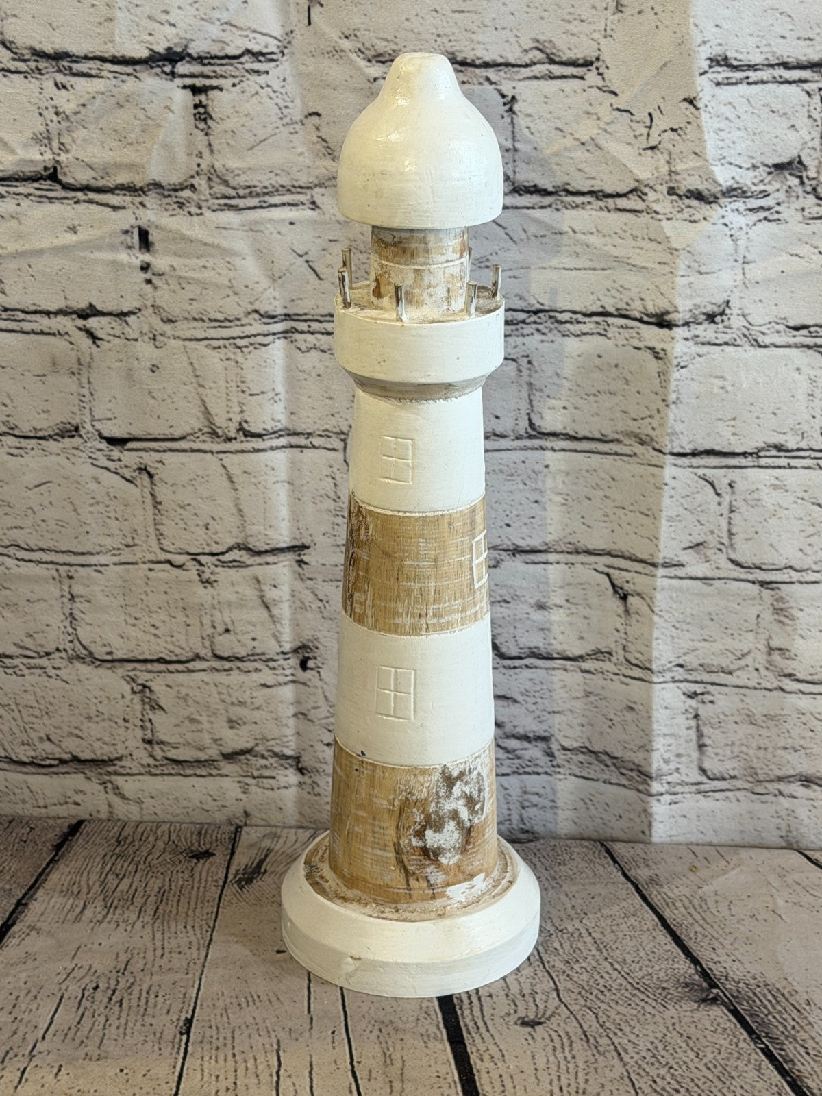 40cm Cream White Wooden Lighthouse Ornament Nautical Coastal Sculpture Statue1