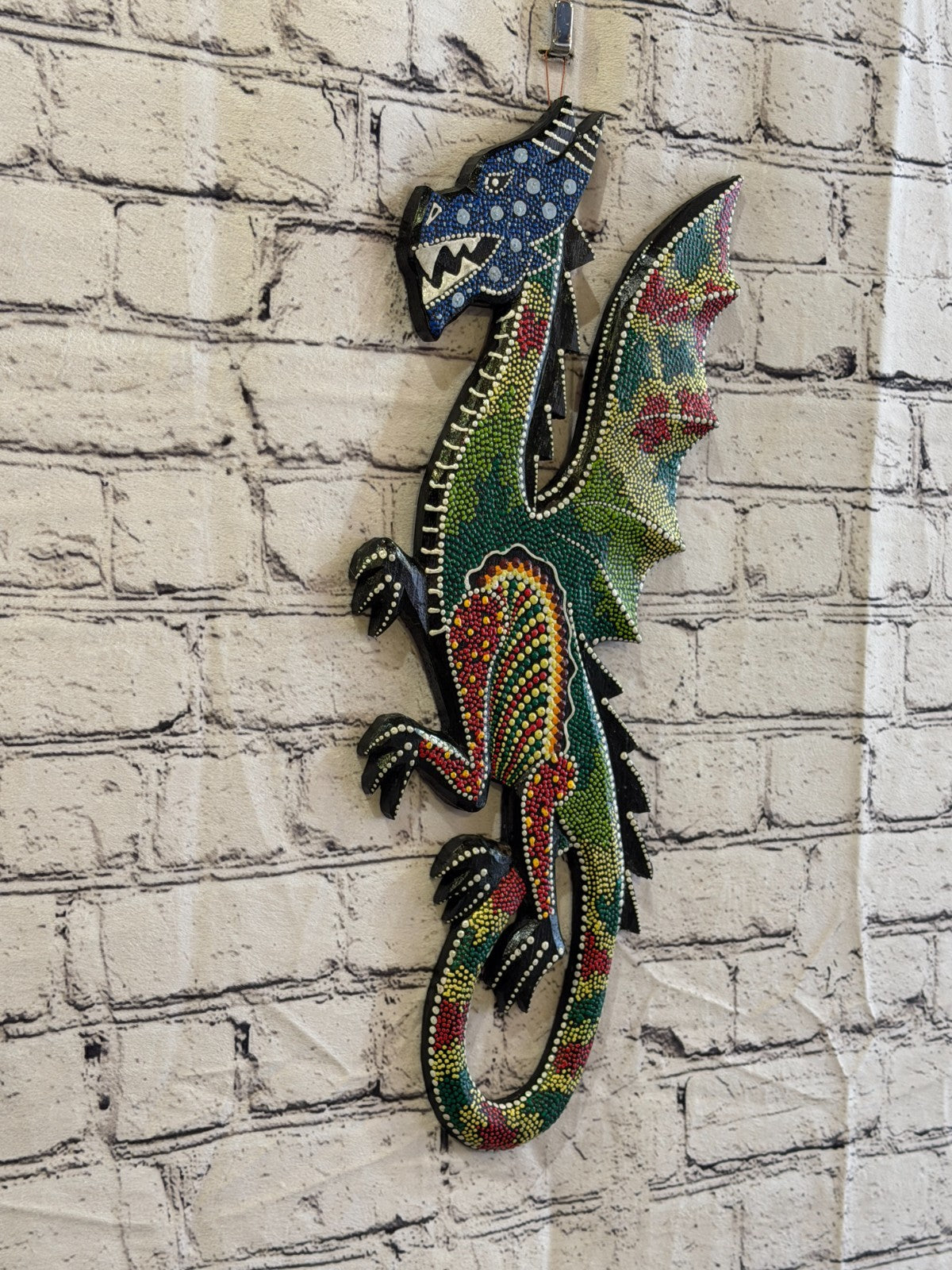45cm Dragon Carved Wooden Dot Painted Ethnic Tribal Tiki Wall Art No 50