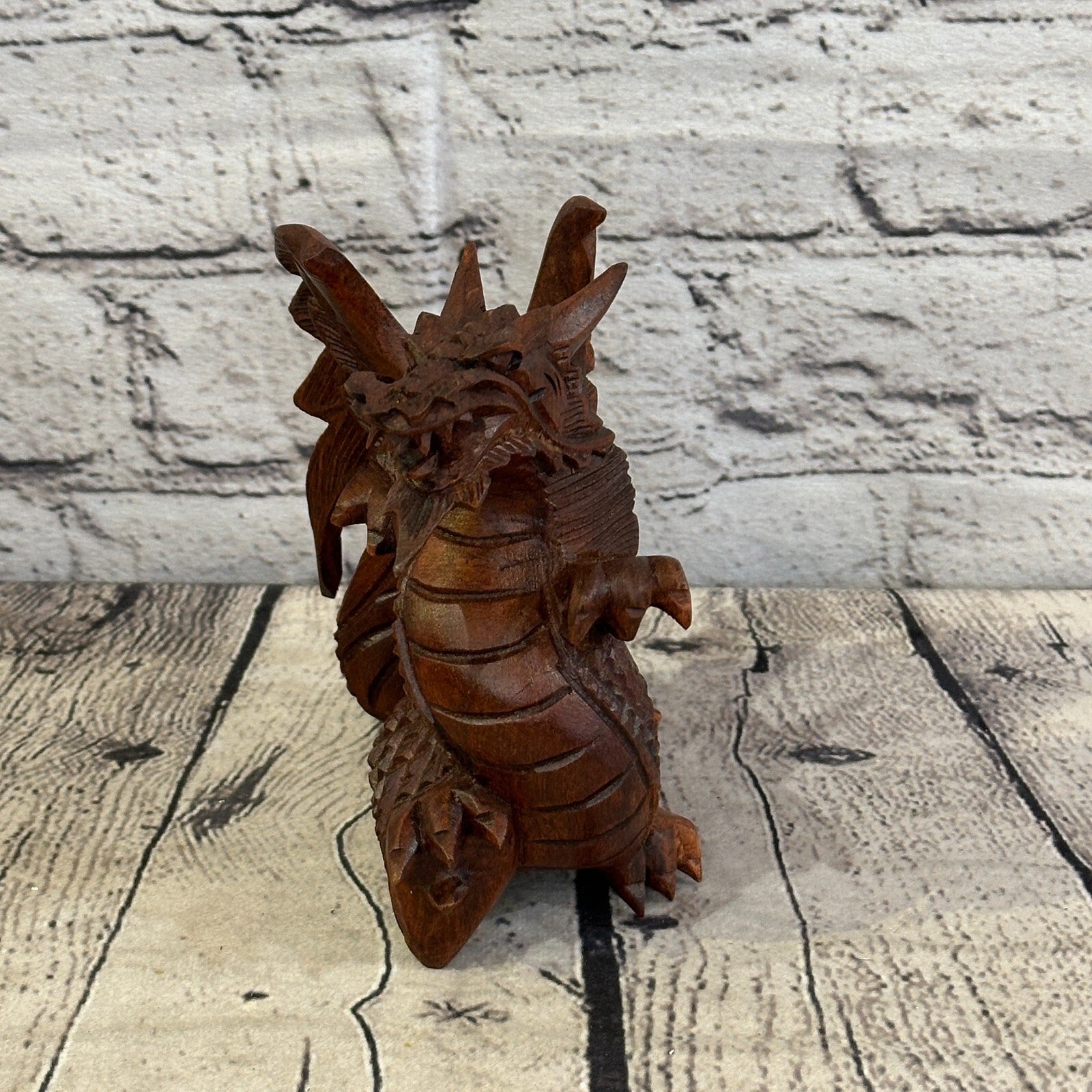 12cm x 10cm Dark Wooden Standing Dragon Carving Hand Carved Wing Back Dragon3