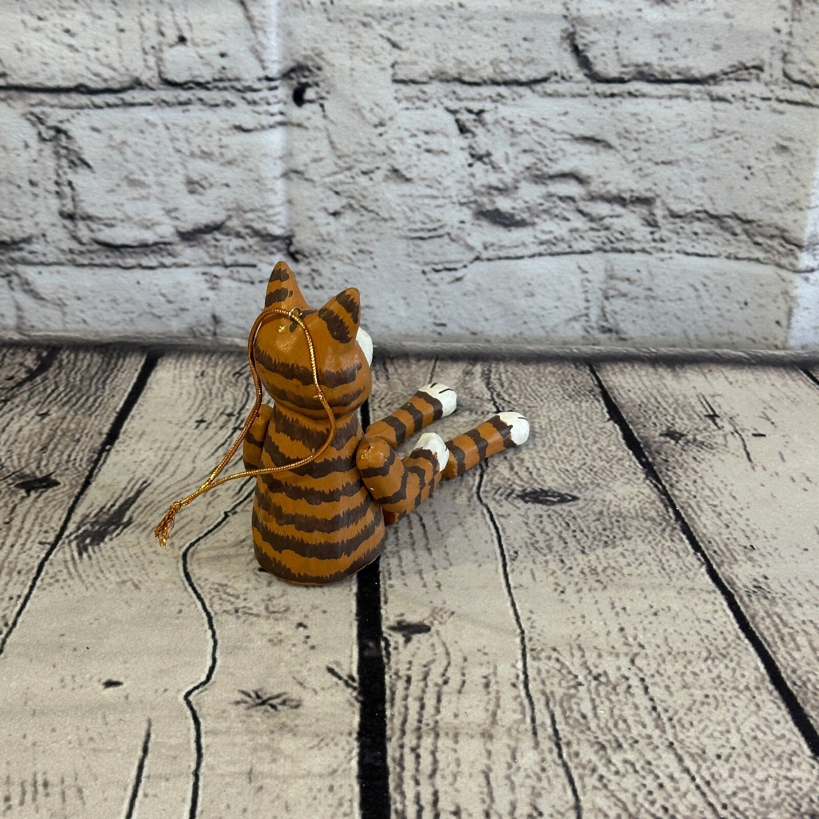 10cm Tabby Cat Sitting Animal, Wooden Shelf Ornament Handmade and Fairtrade4