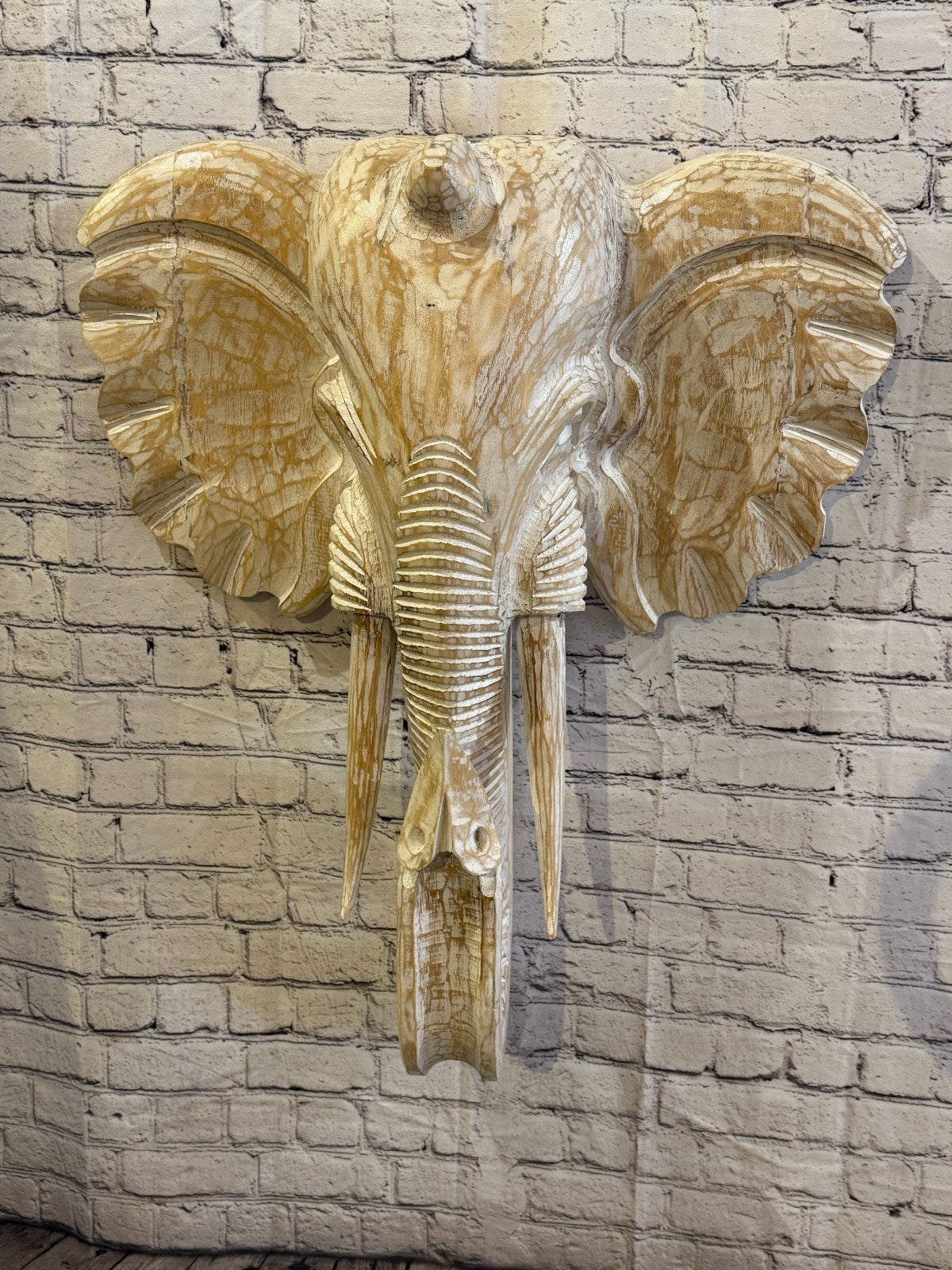 80cm x 65cm White Carved Wood Elephant Head Wall Mounted Art Large Shabby2