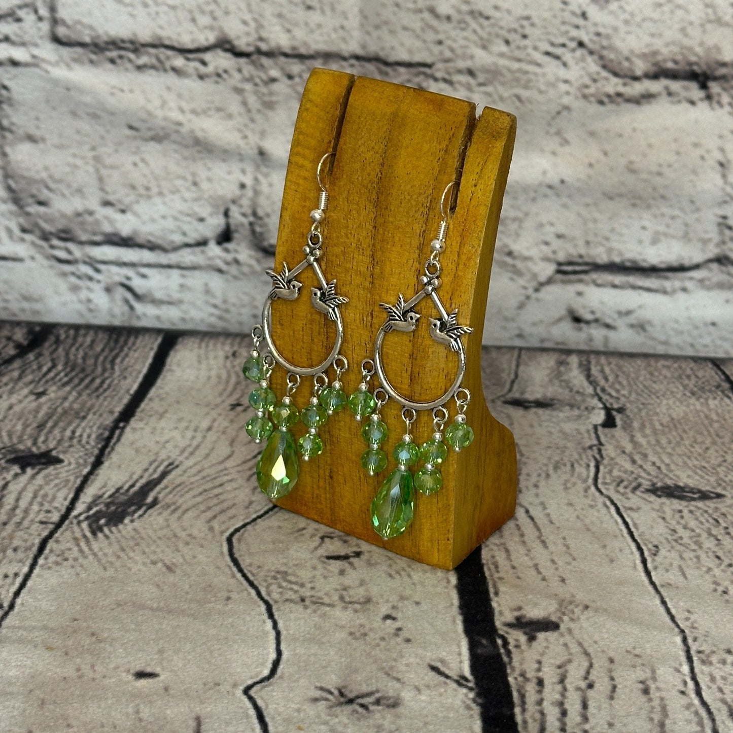 Green Drop Crystal Bird Dangle Drop Earrings Handmade UK Jewellery1