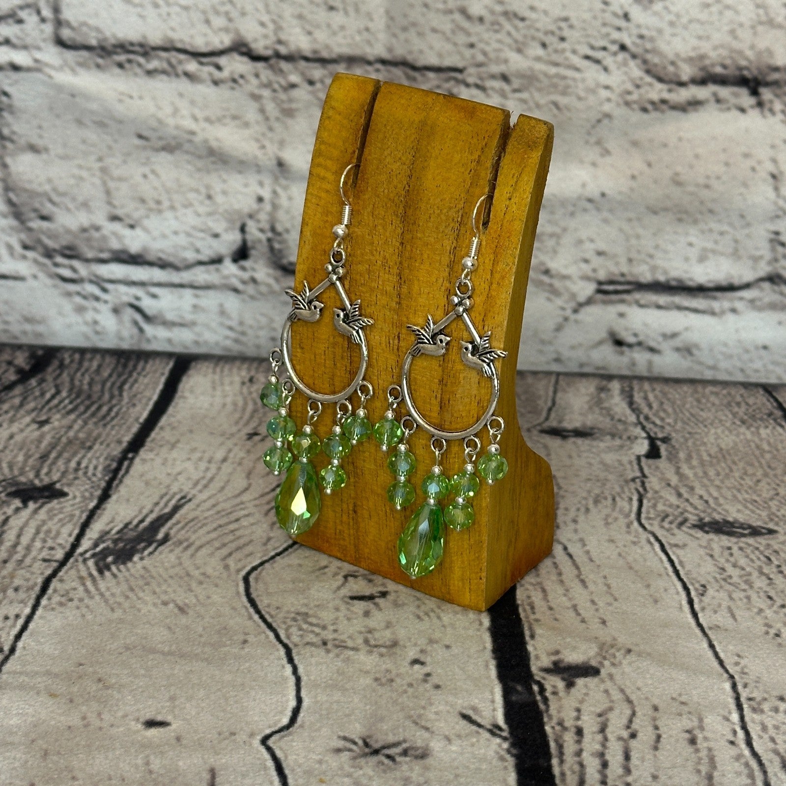 Green Drop Crystal Bird Dangle Drop Earrings Handmade UK Jewellery1