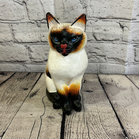 20cm x 10cm Siamese Sitting Style Painted Wooden Hand Carved Cat Wooden0