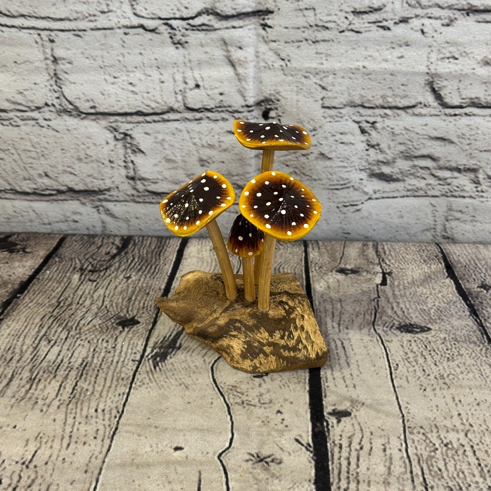 Brown Yellow Painted Mushroom Parasite Ornament Natural Carving Fairtrade Wooden0