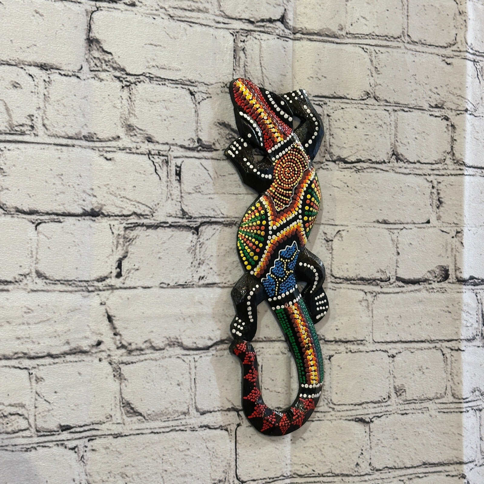 30cm Gecko Carved Wooden Dot Painted Ethnic Tribal Tiki Wall Handmade No 61