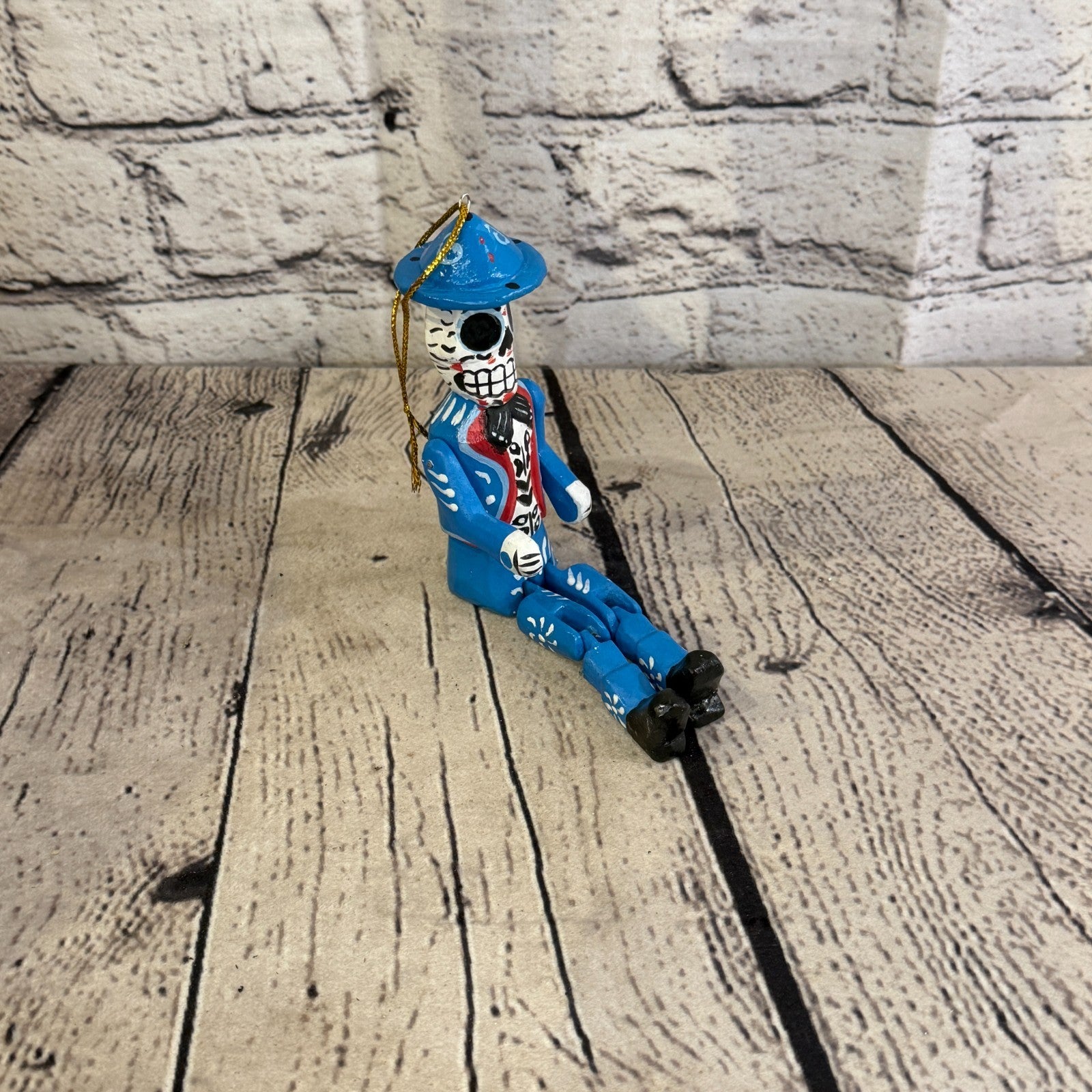 10cm Blue Day Of The Dead Man Sitting Animal, Wooden Shelf Ornament Fairtrade2
