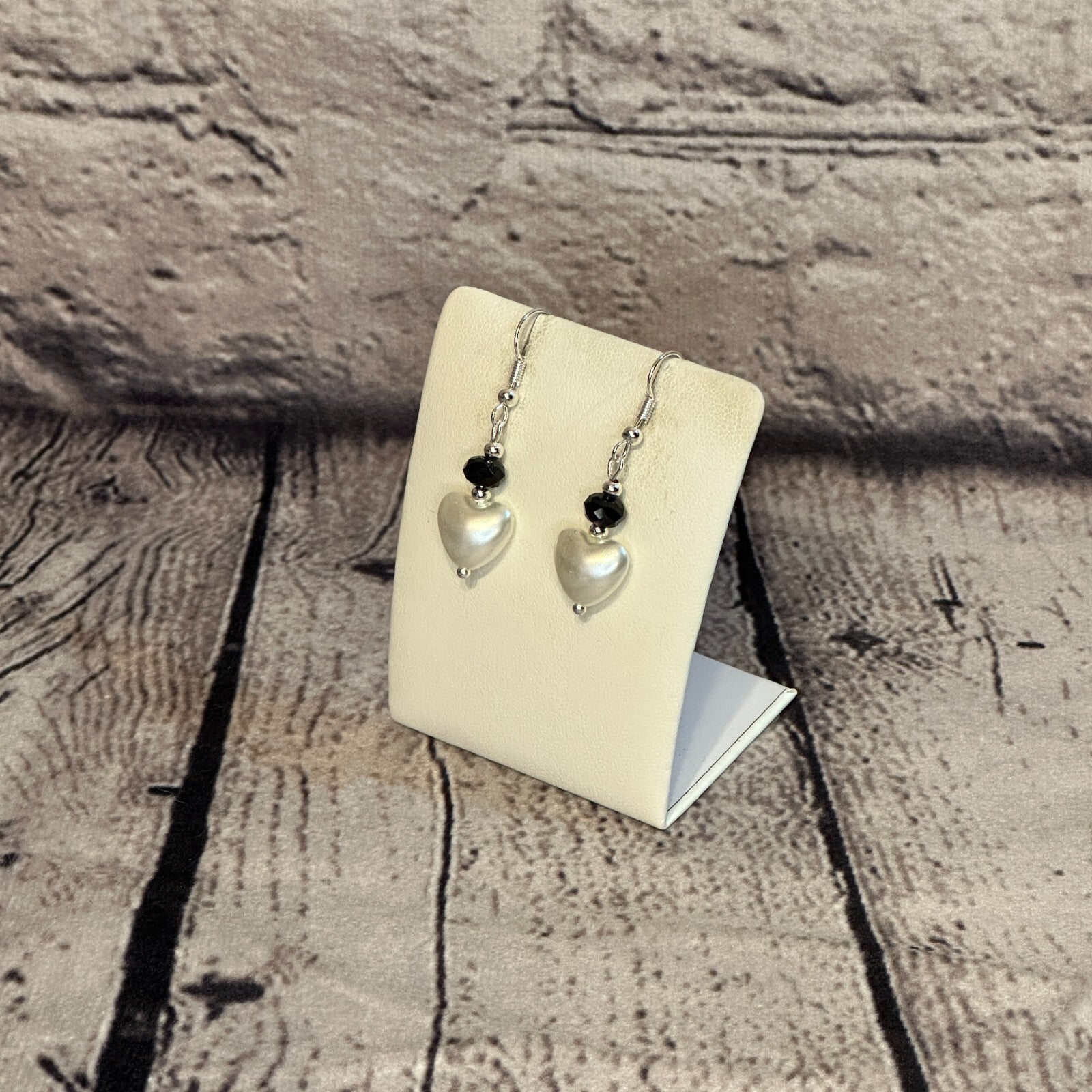 Black Crystal And White Heart Shaped Dangle Drop Earrings Handmade UK Jewellery1