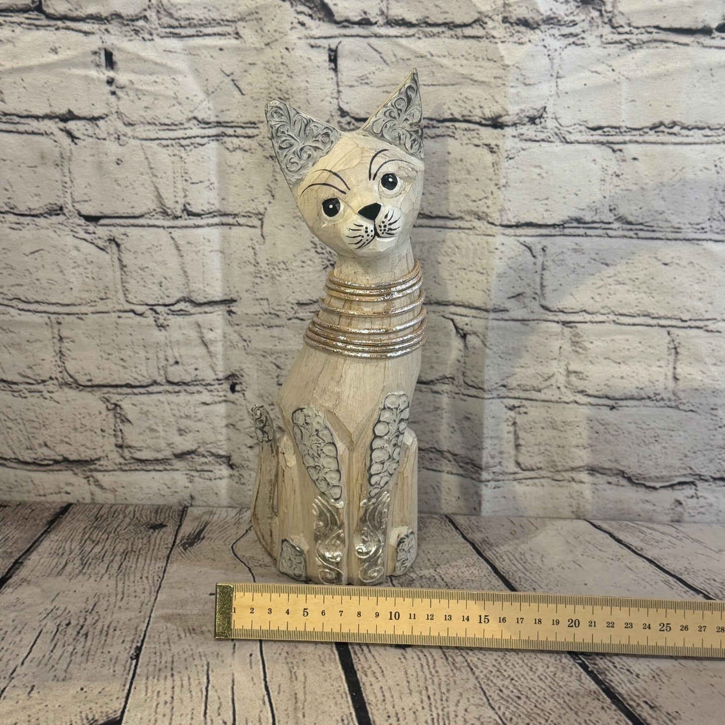 30cm White Silver Dots Wooden Shabby Cat Statue Ornament Fair Trade Handcarved6