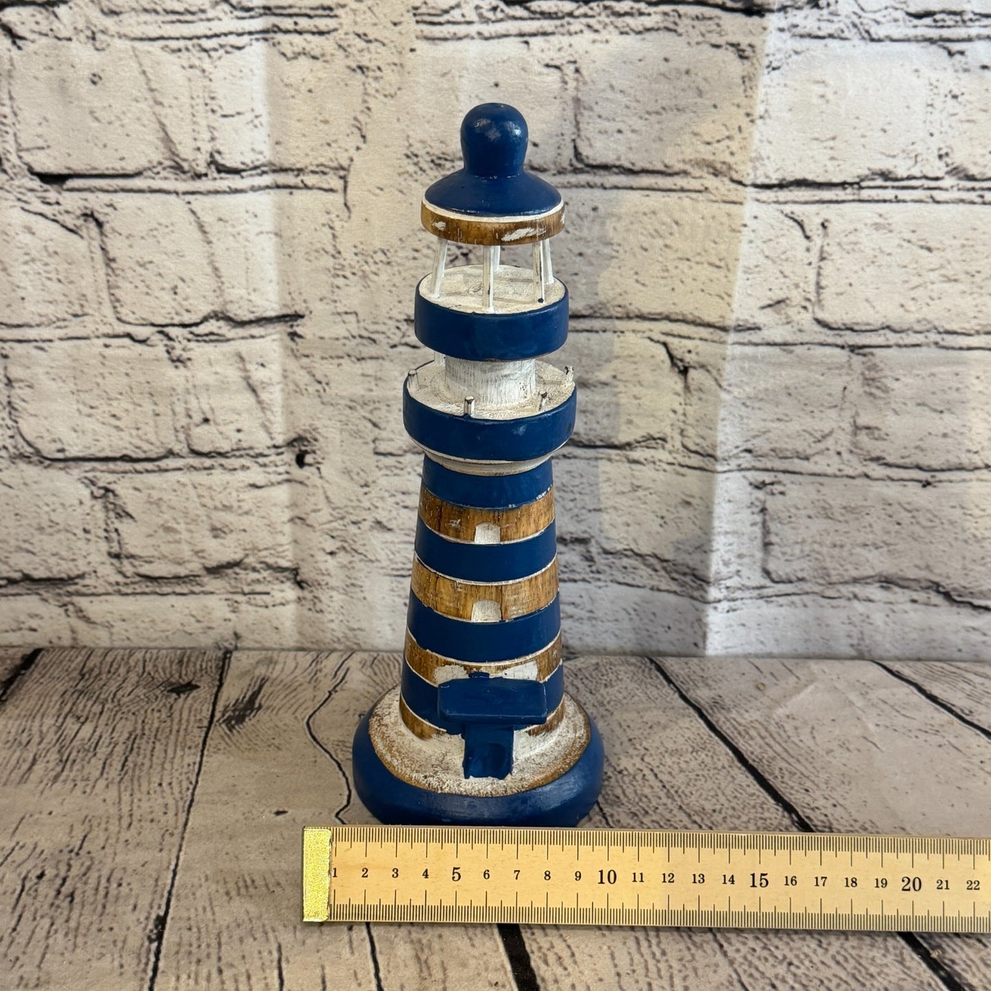 25cm Blue White Wooden Lighthouse Detailed Ornament Nautical Coastal Sculpture4