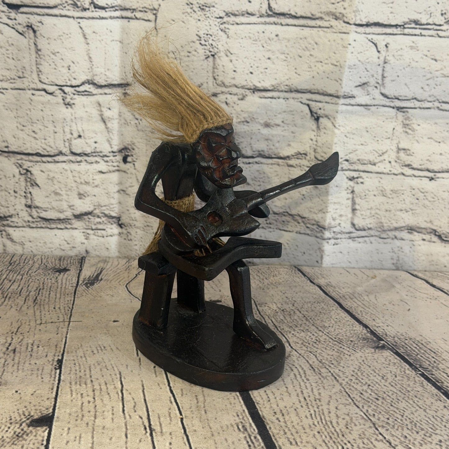 15cm Sitting Guitarist African Tribal Warrior Man Figure Statue Wood Hand Carved2