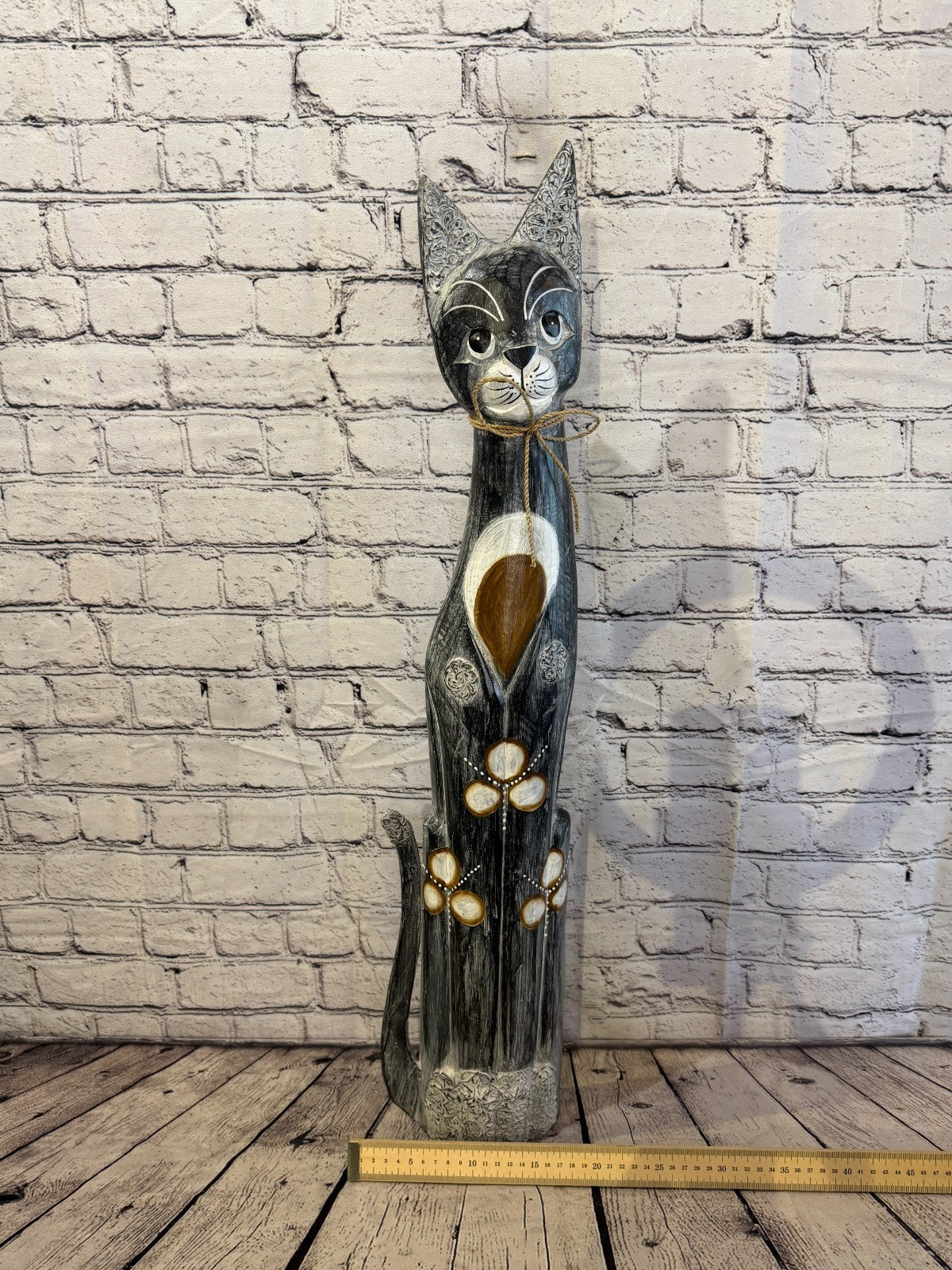 80cm Grey Silver Dots Wooden Shabby Cat Statue Ornament Fair Trade Handcarved6