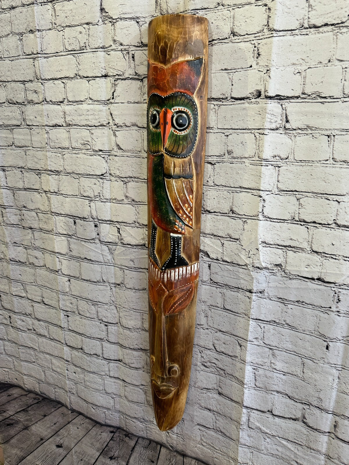 100cm Standing Owl Hand Carved Fair Trade Wooden Animal Wall Art Wall Hang Mask1