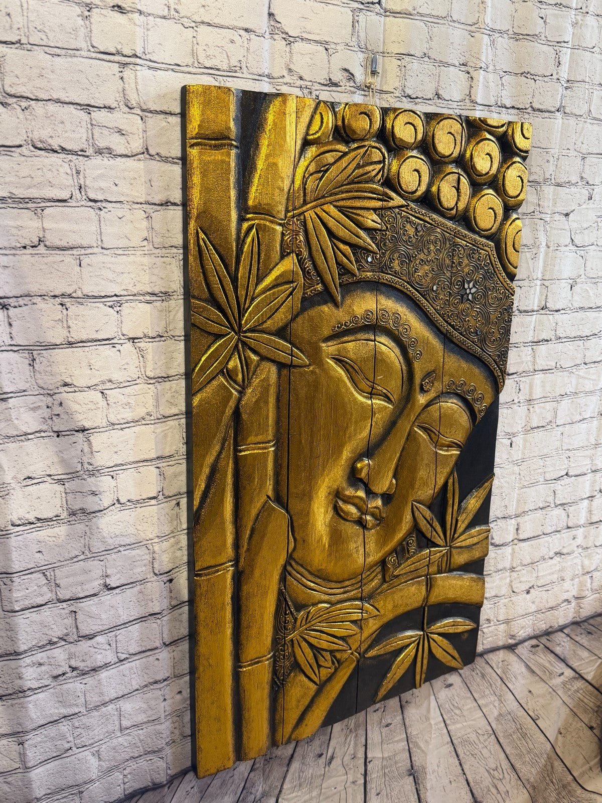 100cm x 60cm Gold Black Buddha Wall Art Plaque Handcarved Wooden Wood Panel1