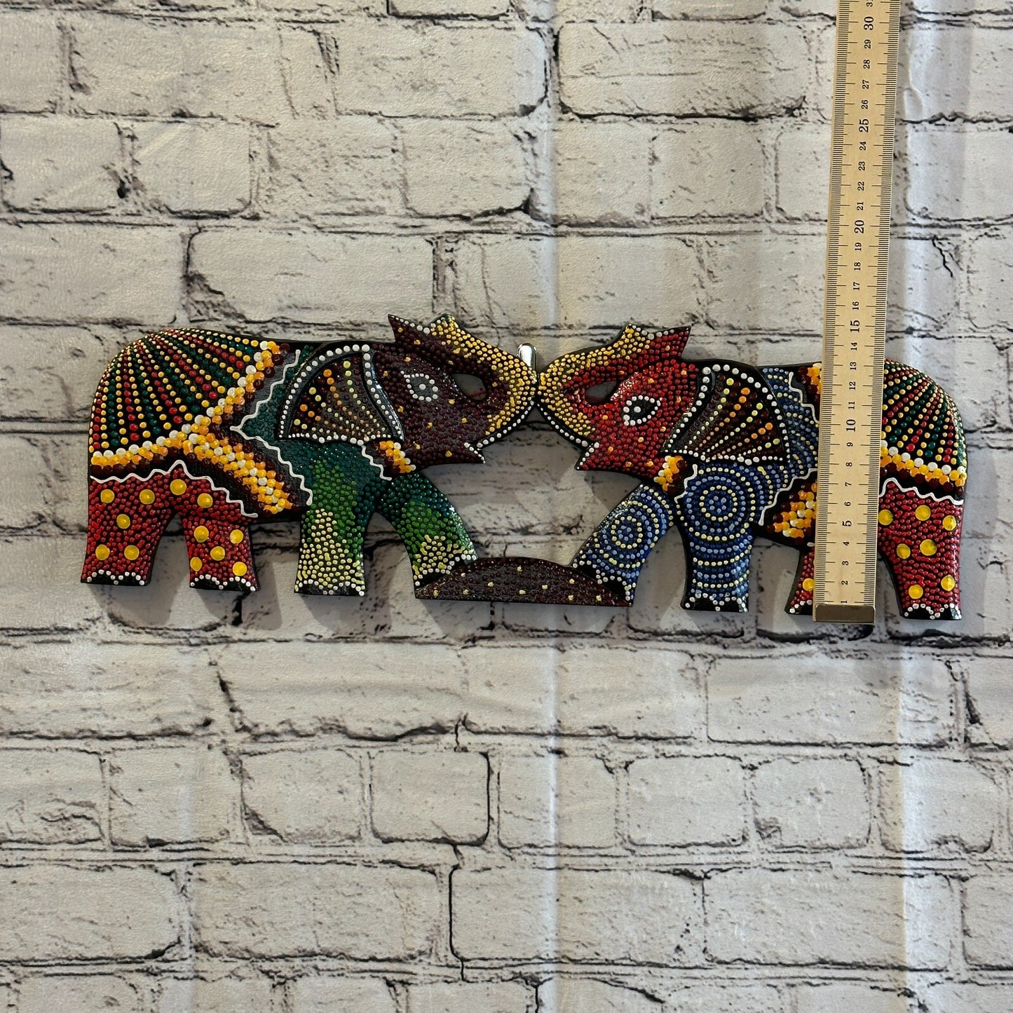 45cm 2 Elephants Carved Wooden Dot Painted Ethnic Tribal Tiki Wall Handmade No 14