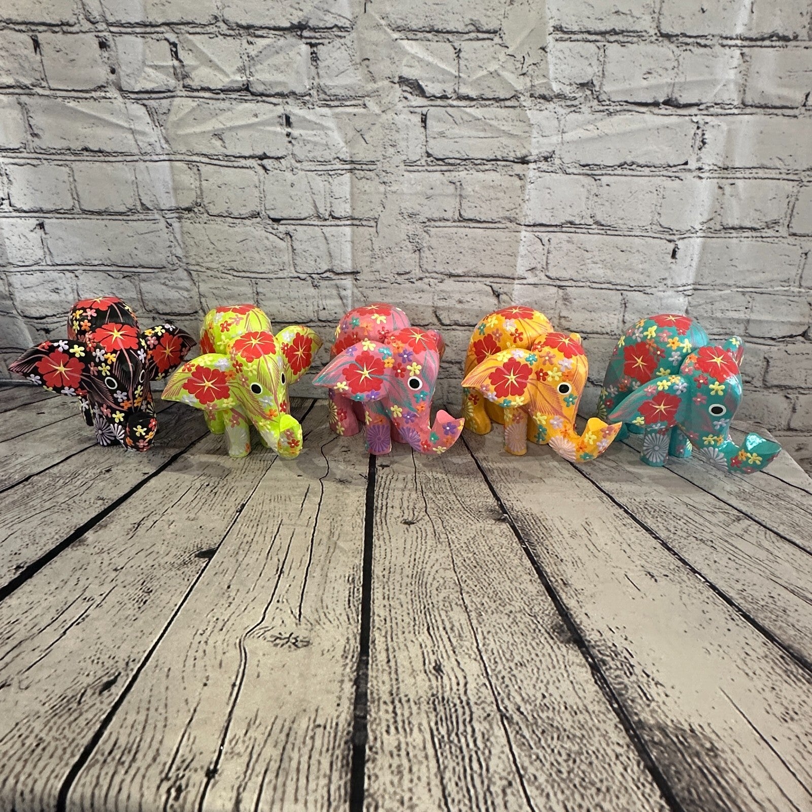 Black Wooden Elephant With Flower Pattern 15cm x 18cm Handmade and Fairtrade9