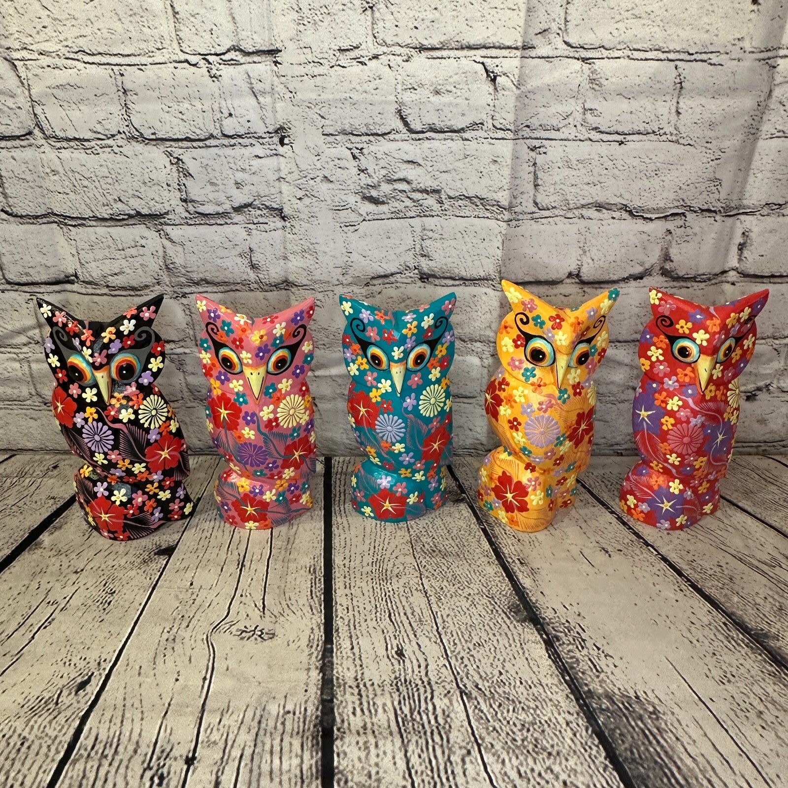 Red Small Wooden Owl With Flower Pattern 12cm x 8cm Handmade and Fairtrade9