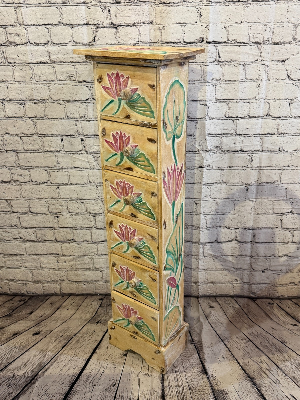 100cm x 25cm Flower 6 Draw Pillar Wooden Side Cabinet Living Storage Furniture0