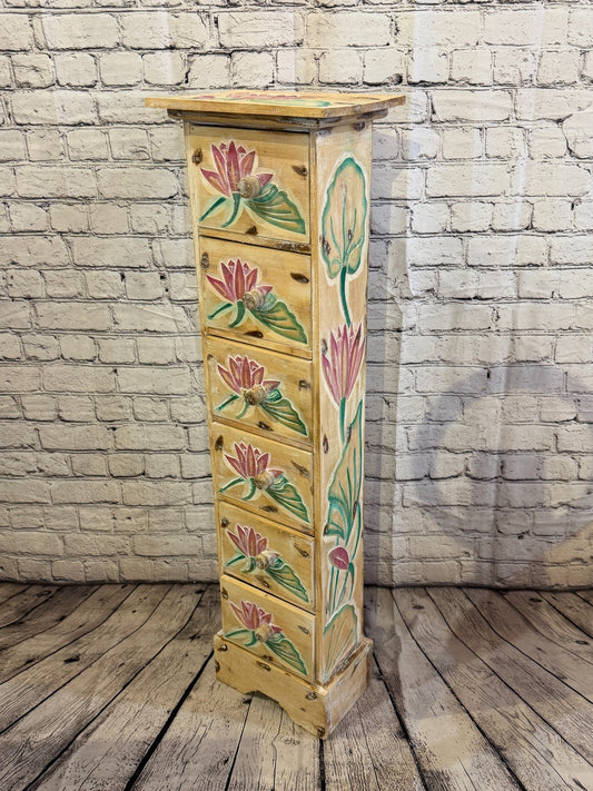 100cm x 25cm Flower 6 Draw Pillar Wooden Side Cabinet Living Storage Furniture0