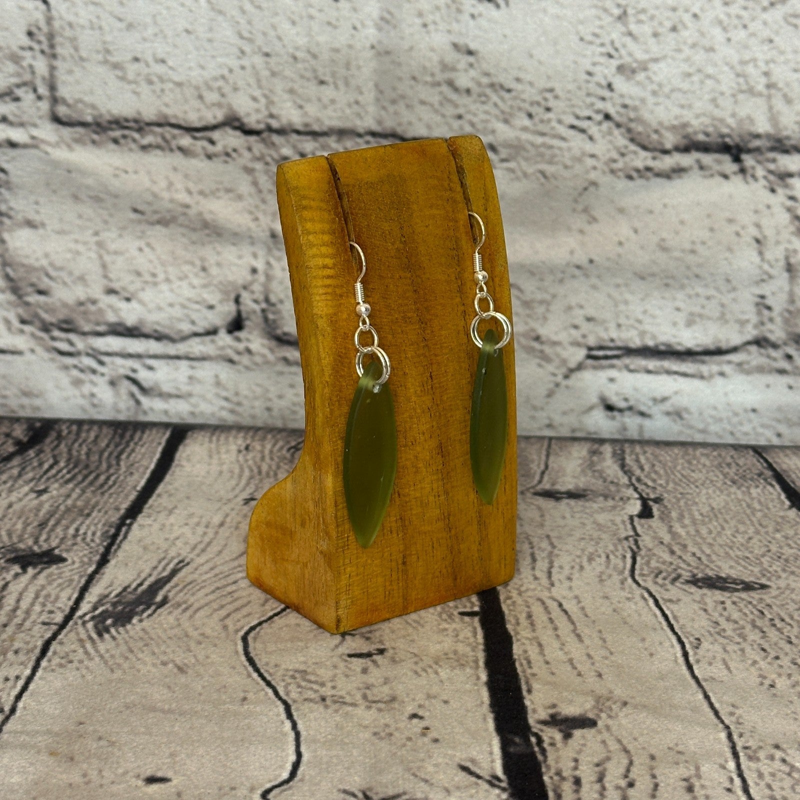 Green Recycled Oval With Silver Plate Dangle Drop Earrings Handmade UK Jewellery2