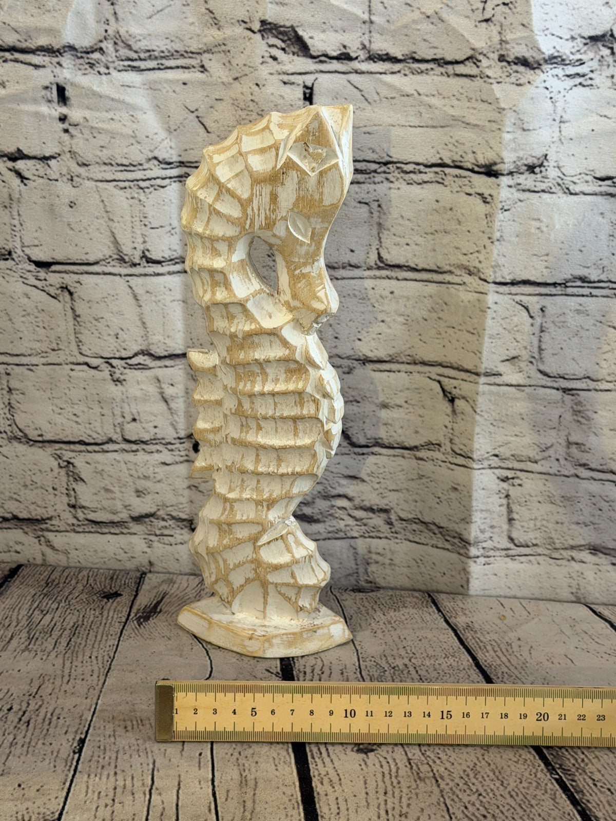 30cm White Wooden Shabby Seahorse Statue Ornament Fair Trade Handcarved6