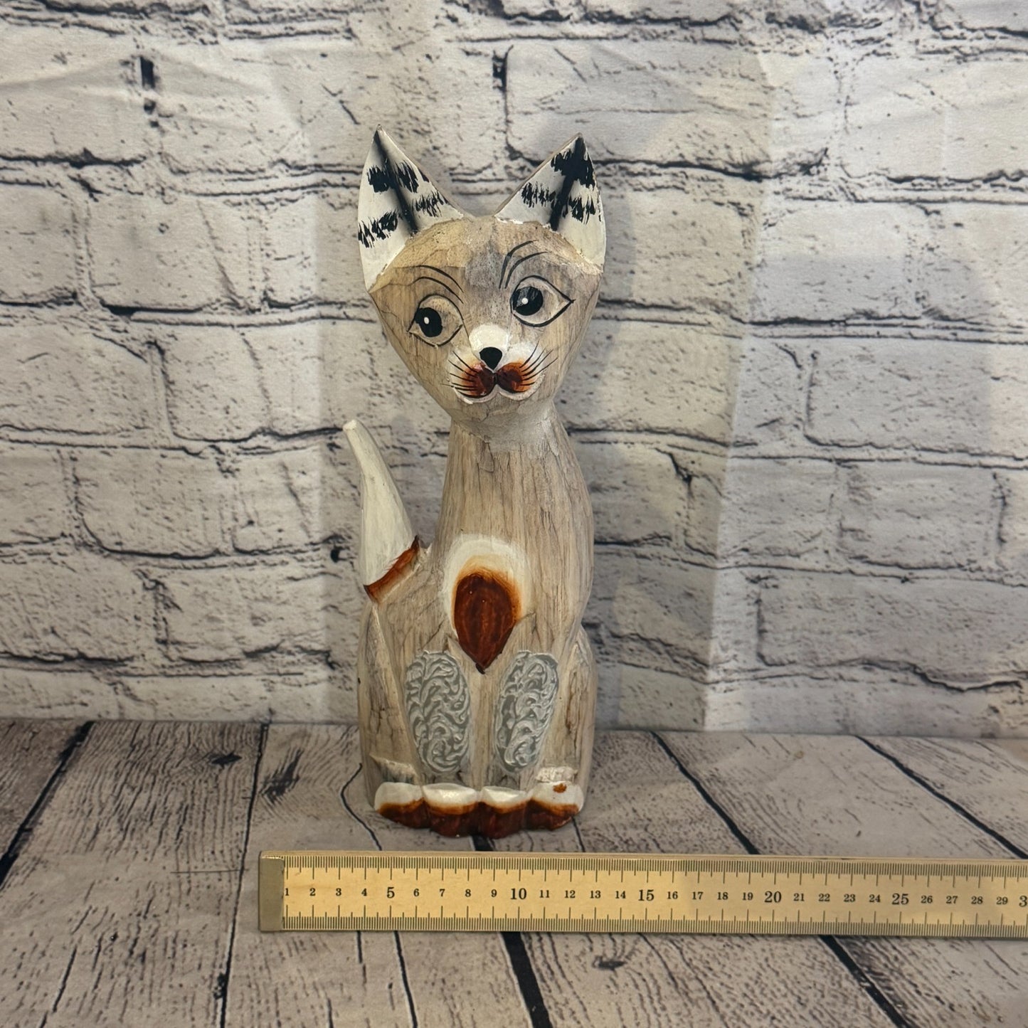 30cm White Dots Wooden Shabby Cat Statue Ornament Fair Trade Handcarved6