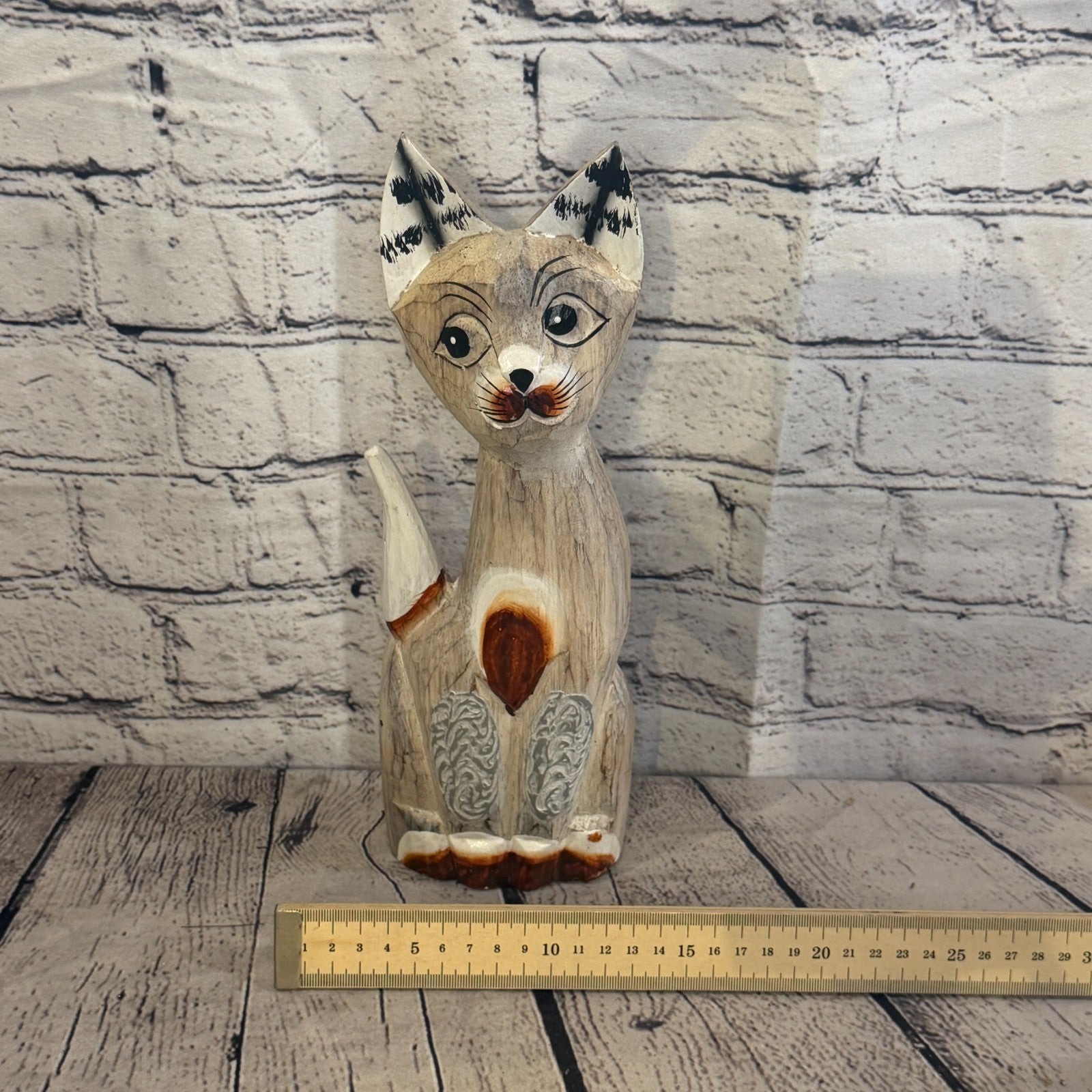 30cm White Dots Wooden Shabby Cat Statue Ornament Fair Trade Handcarved6