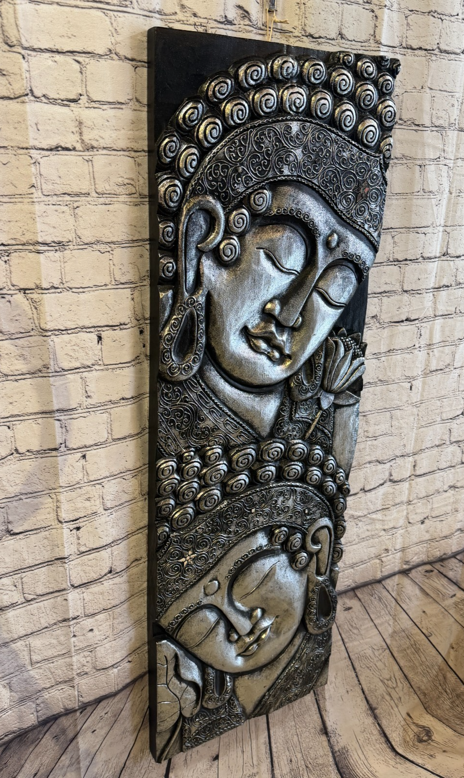 120cm x 40cm Silver Black 2 Buddha Wall Art Plaque Handcarved Wooden Wood Panel1