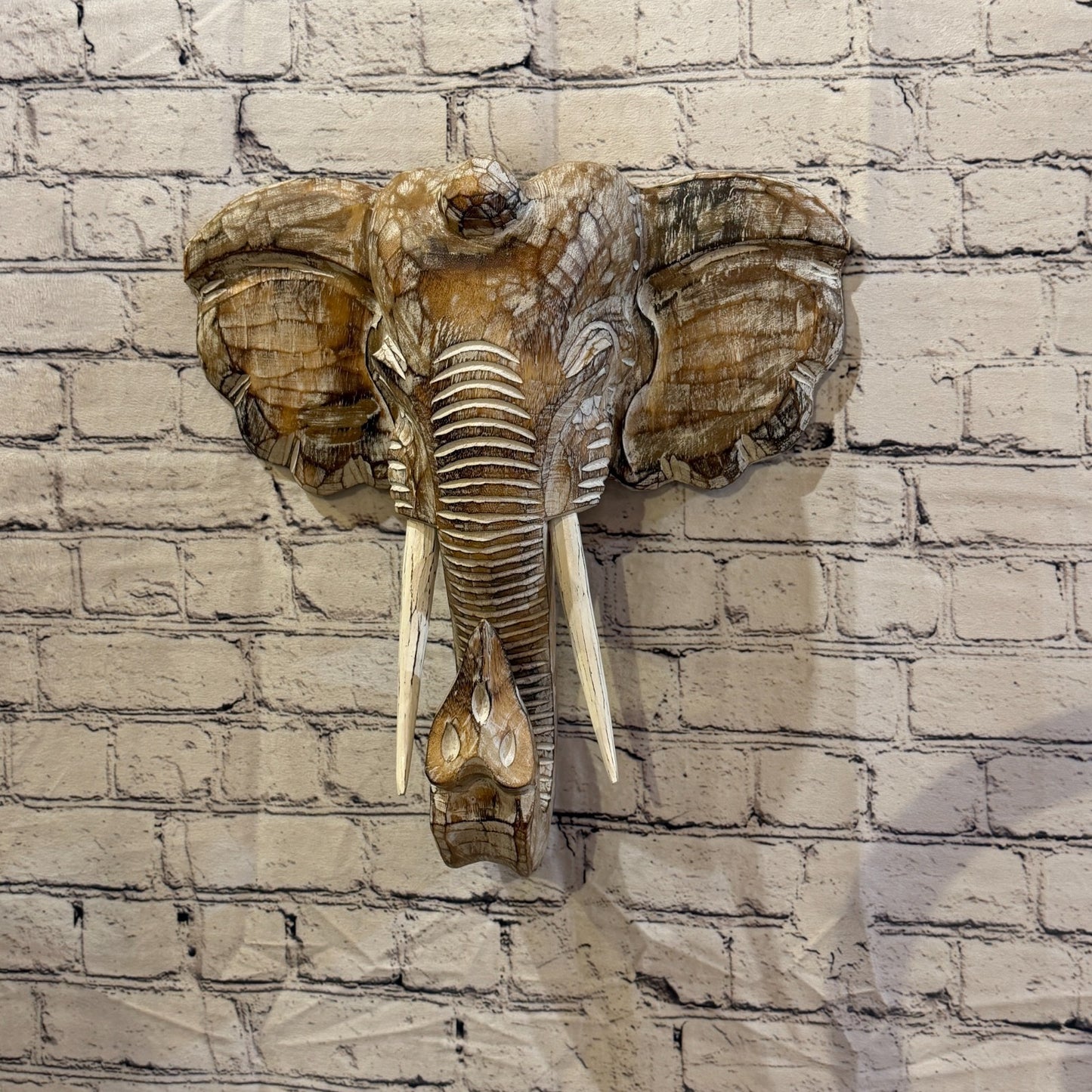 35cm x 35cm Plain Brown Painted Wood Elephant Head Wall Mounted Art Shabby2