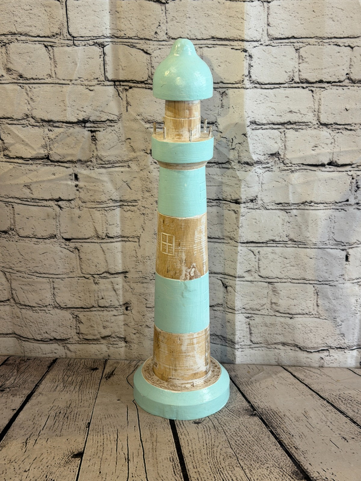 50cm Green White Wooden Lighthouse Ornament Nautical Coastal Sculpture Statue1