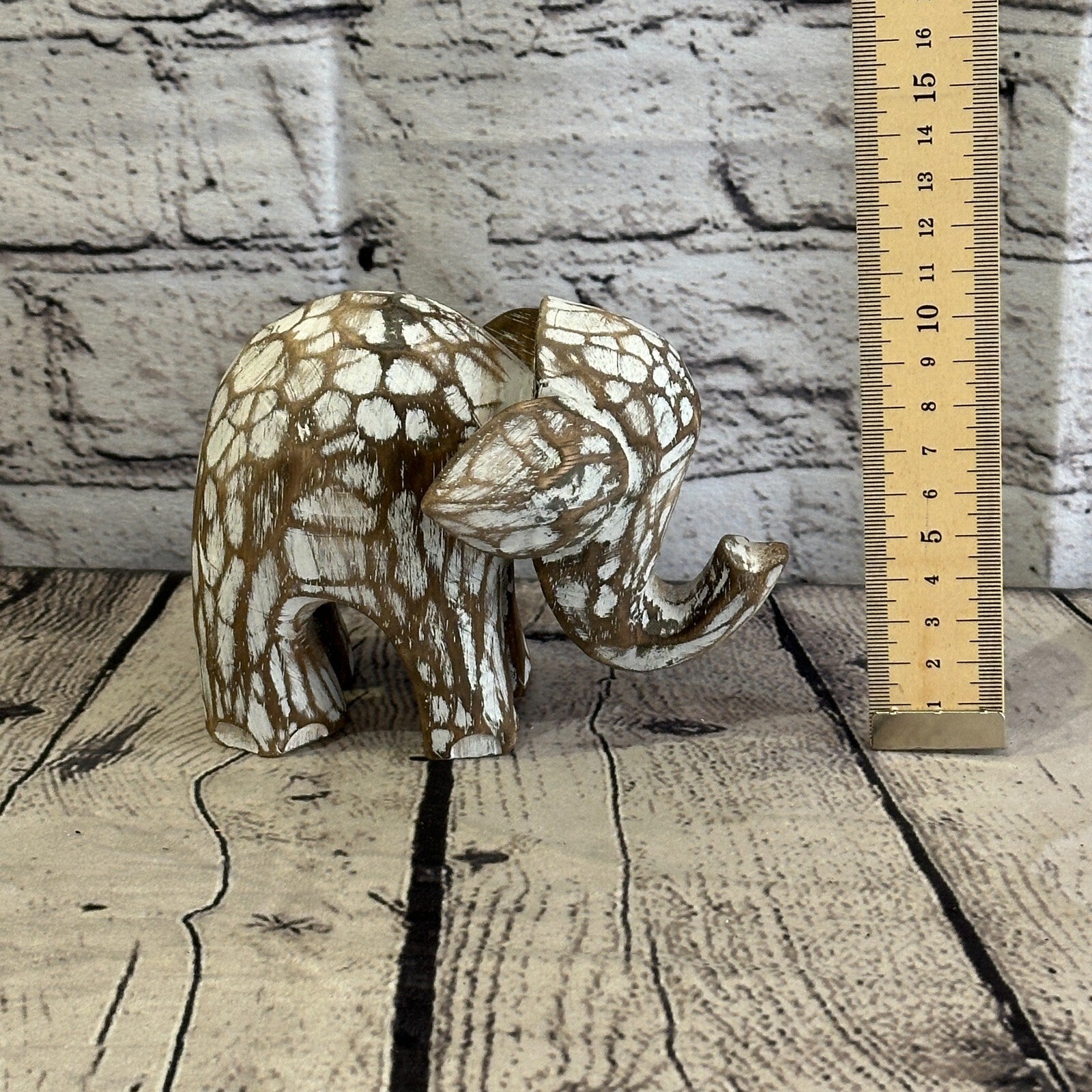 Brown Wooden Elephant With Shabby Pattern 10cm x 10cm Handmade and Fairtrade6
