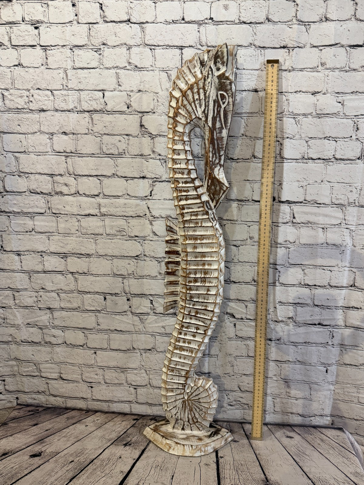 100cm Brown Wooden Shabby Seahorse Statue Ornament Fair Trade Handcarved5