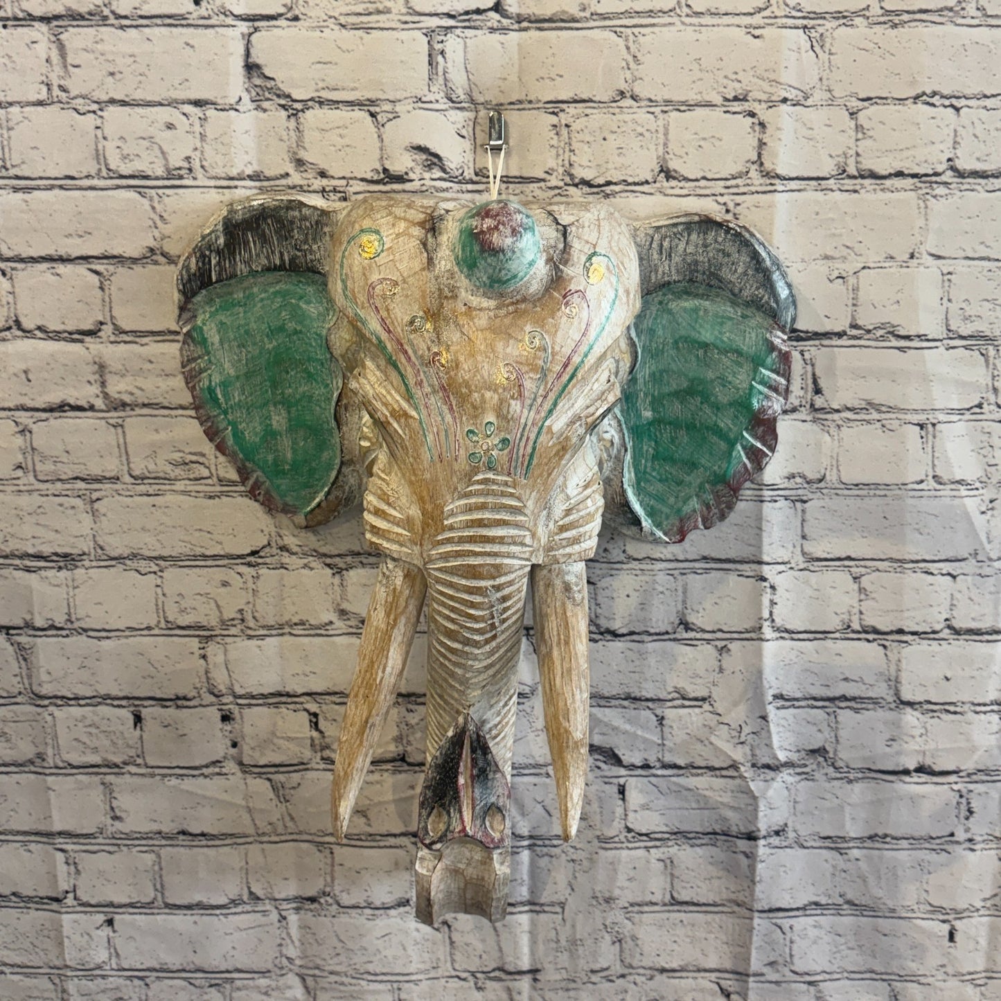 50cm x 45cm Silver Green Painted Wood Elephant Head Wall Mounted Art Shabby2
