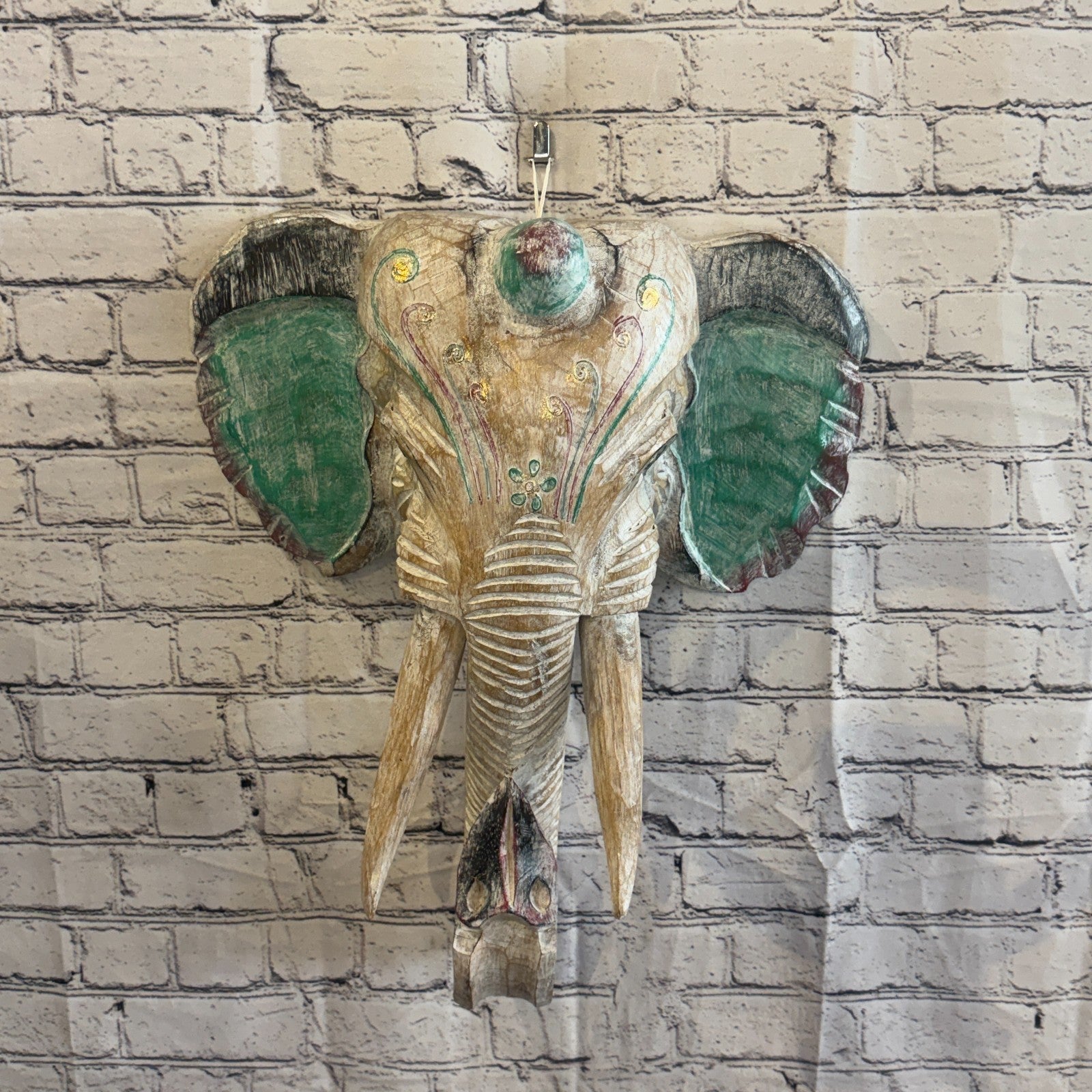 50cm x 45cm Silver Green Painted Wood Elephant Head Wall Mounted Art Shabby2
