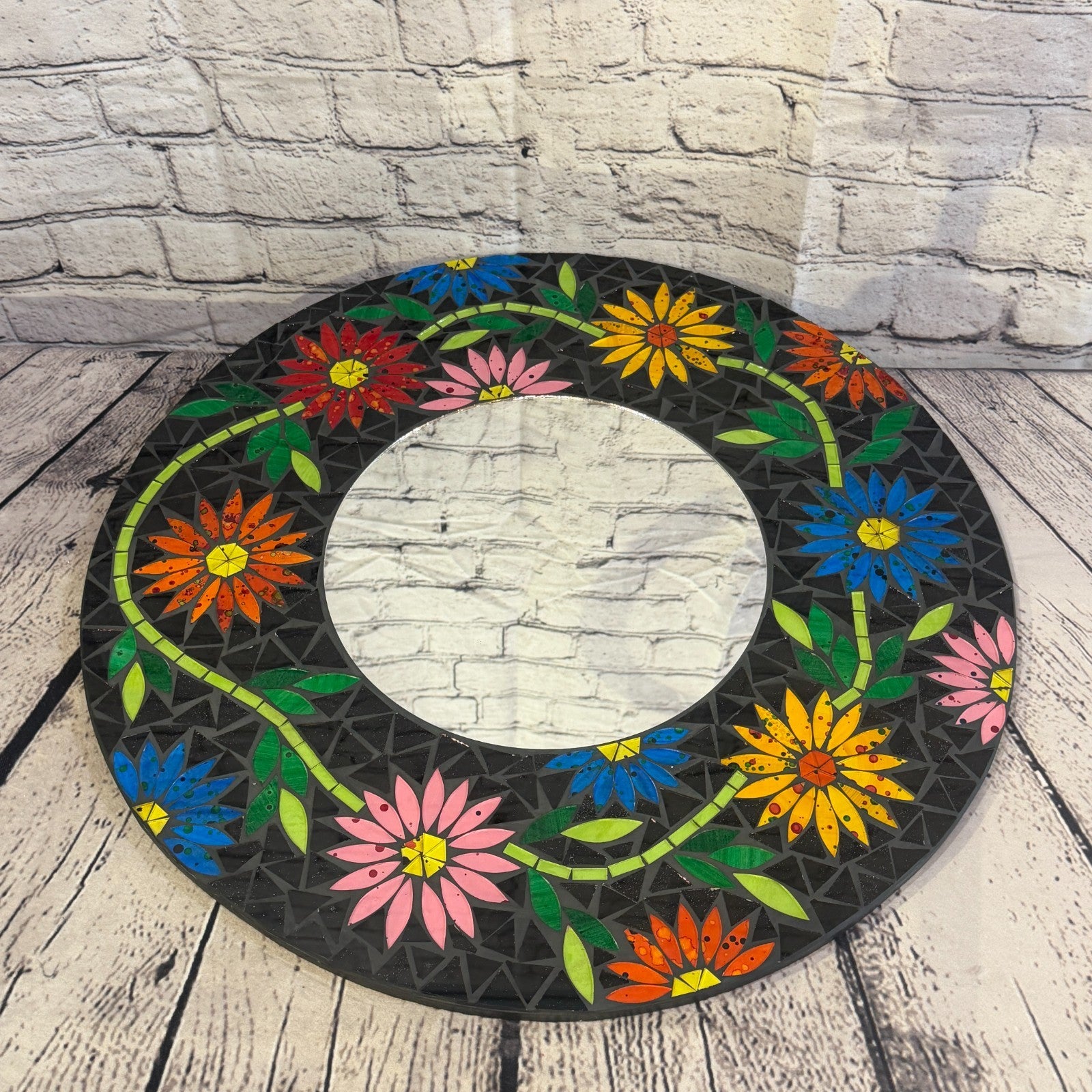 Rainbow Flower Black Mosaic Tile Wall Mirror 50cm x 50cm 20 Inches Handmade3
