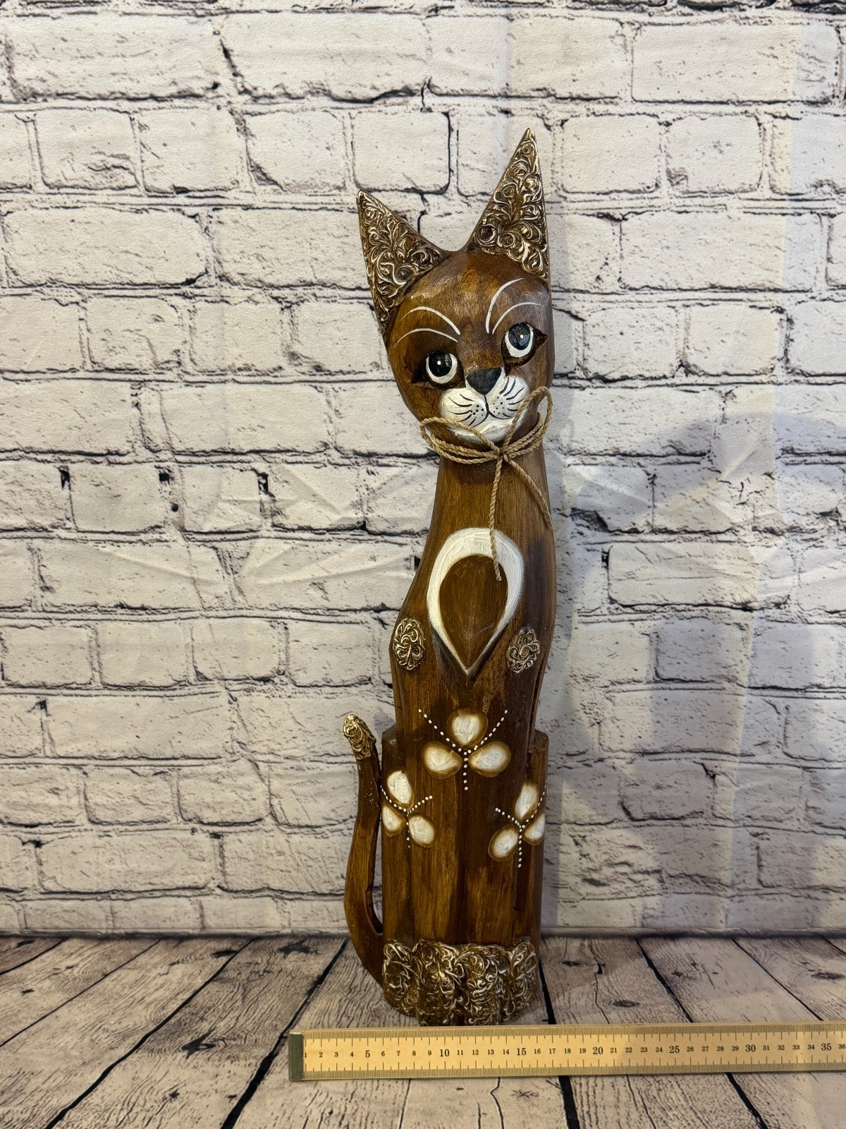 60cm Brown Silver Dots Wooden Shabby Cat Statue Ornament Fair Trade Handcarved6
