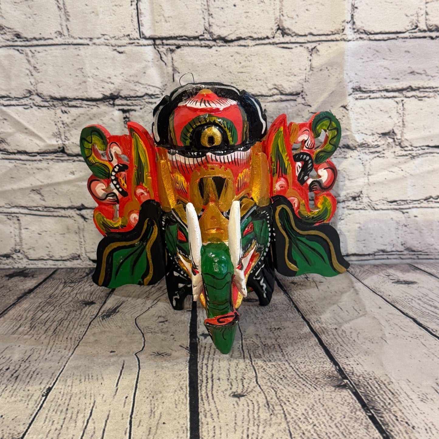 25cm Ganash Ganesha Green Elephant Hindu Deity Wooden Hand Carved Mask Painted3