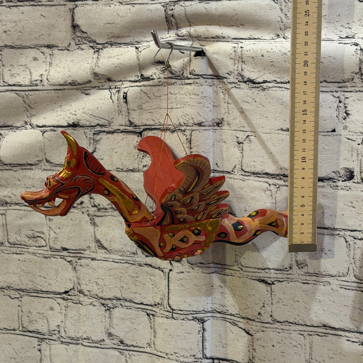 35cm Red Dragon Folk Art Carved Wood Flying Winged Mobile Spirit Guardian2